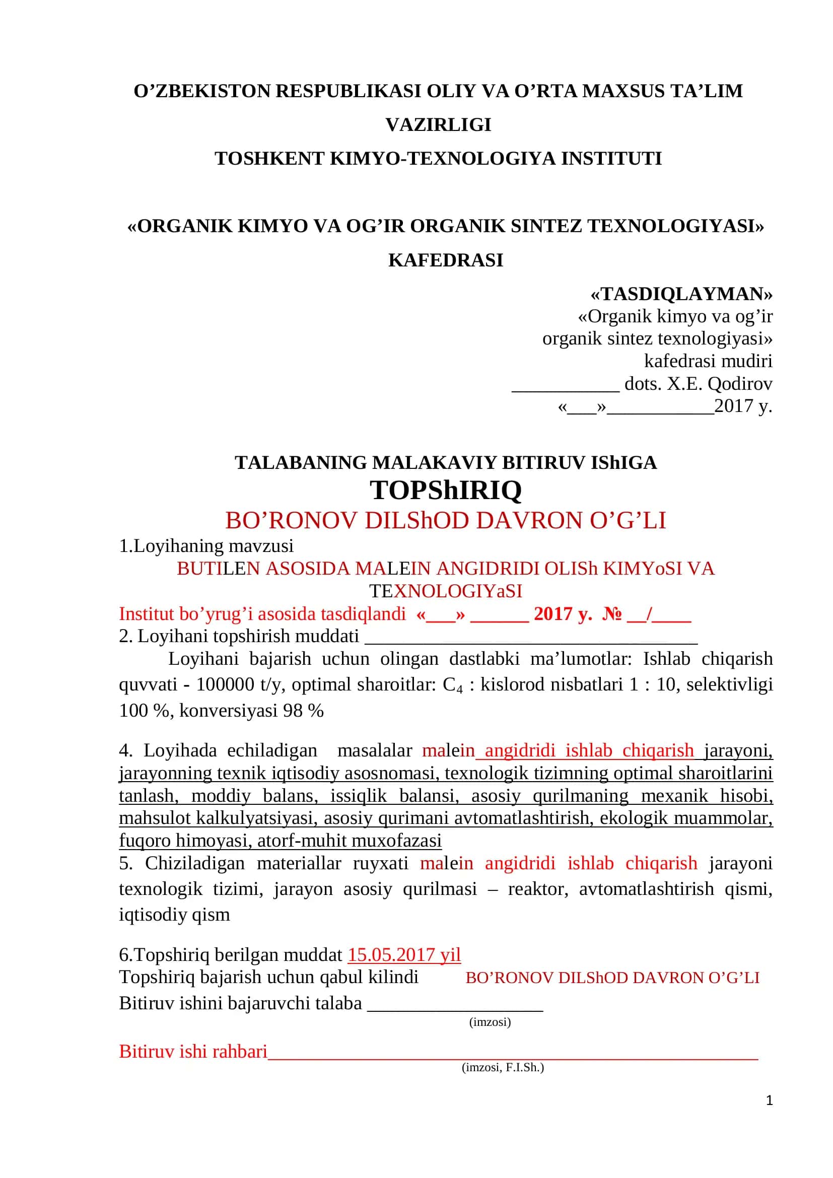 BUTILEN ASOSIDA MALEIN ANGIDRIDI OLISh KIMYoSI VA TEXNOLOGIYaSI 1