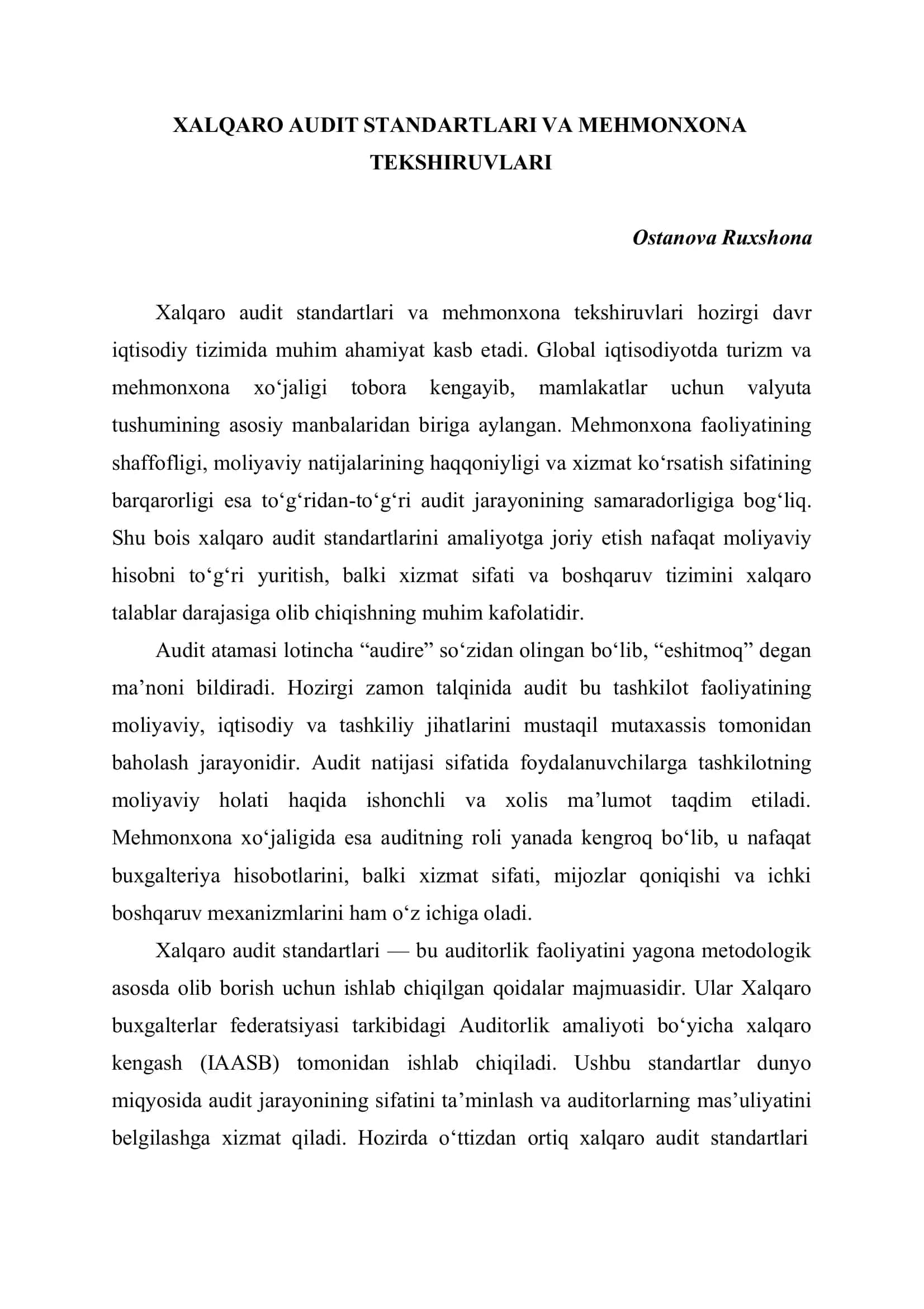 Xalqaro Audit Standartlari va Mehmonxona Tekshiruvlari 1