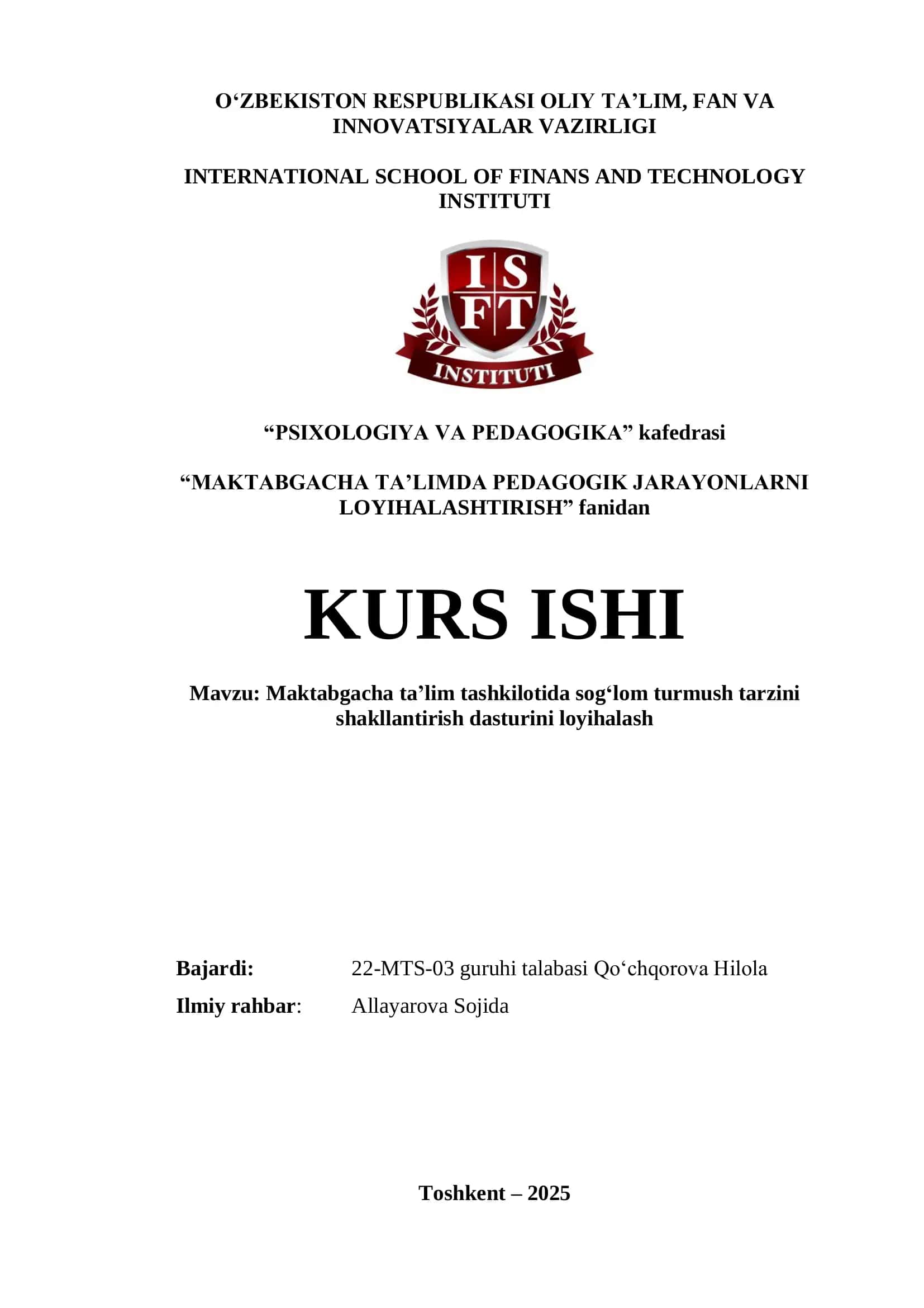 MAKTABGACHA TA’LIMDA PEDAGOGIK JARAYONLARNI LOYIHALASHTIRISH 1