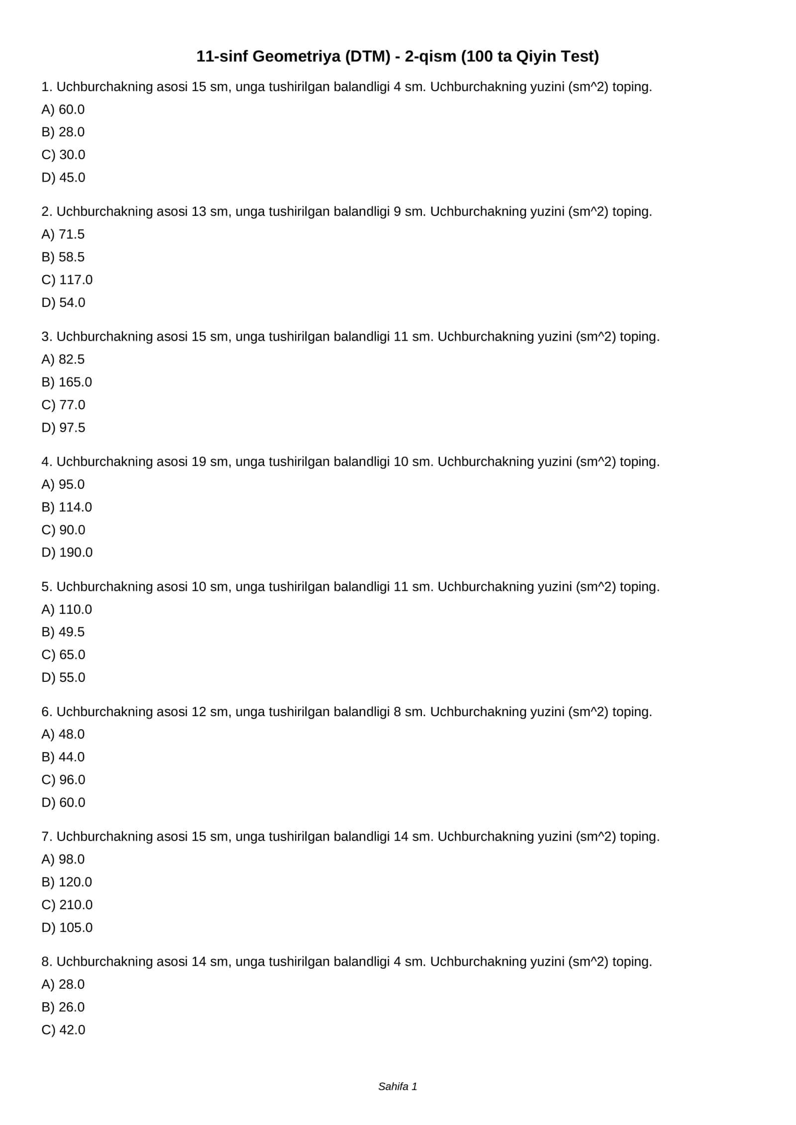 11-sinf Geometriya (DTM) - 2-qism (100 ta Qiyin Test) 1