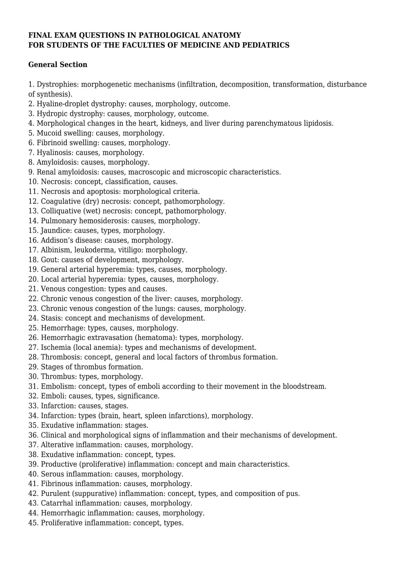 FINAL EXAM QUESTIONS IN PATHOLOGICAL ANATOMY 1