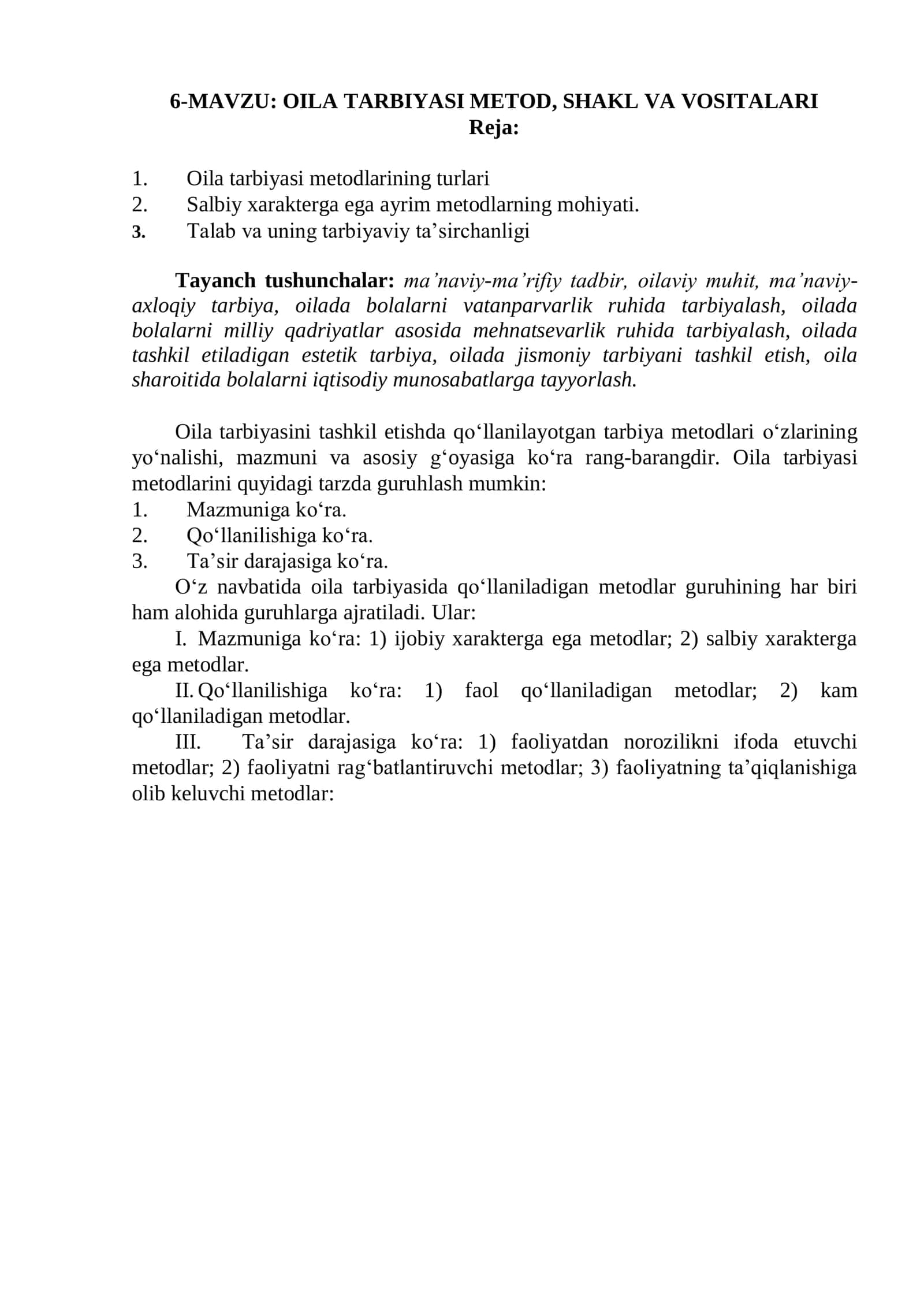 OILA TARBIYASI METOD, SHAKL VA VOSITALARI 1