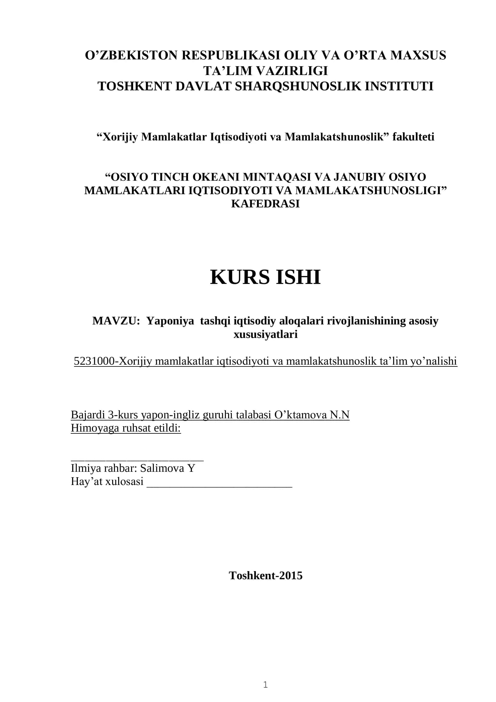 Yaponiya tashqi iqtisodiy aloqalari rivojlanishining asosiy xususiyatlari 1