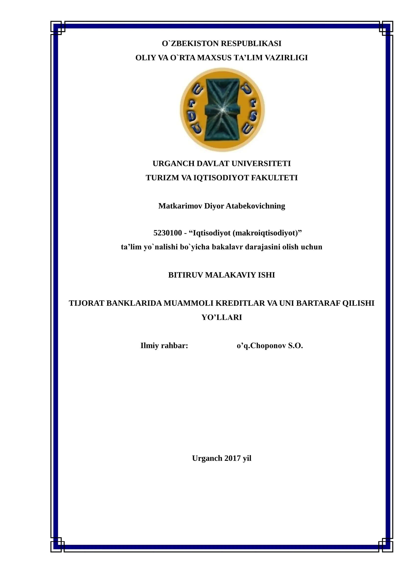 TIJORAT BANKLARIDA MUAMMOLI KREDITLAR VA UNI BARTARAF QILISHI YO'LLLARI 1
