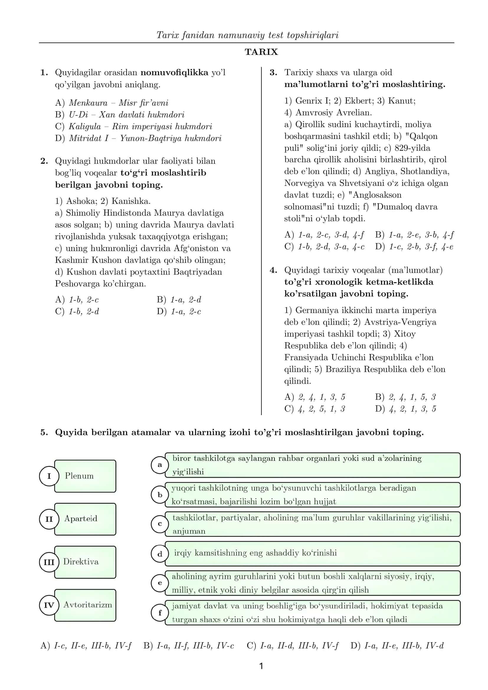 Tarix fanidan namunaviy test topshiriqlari 1
