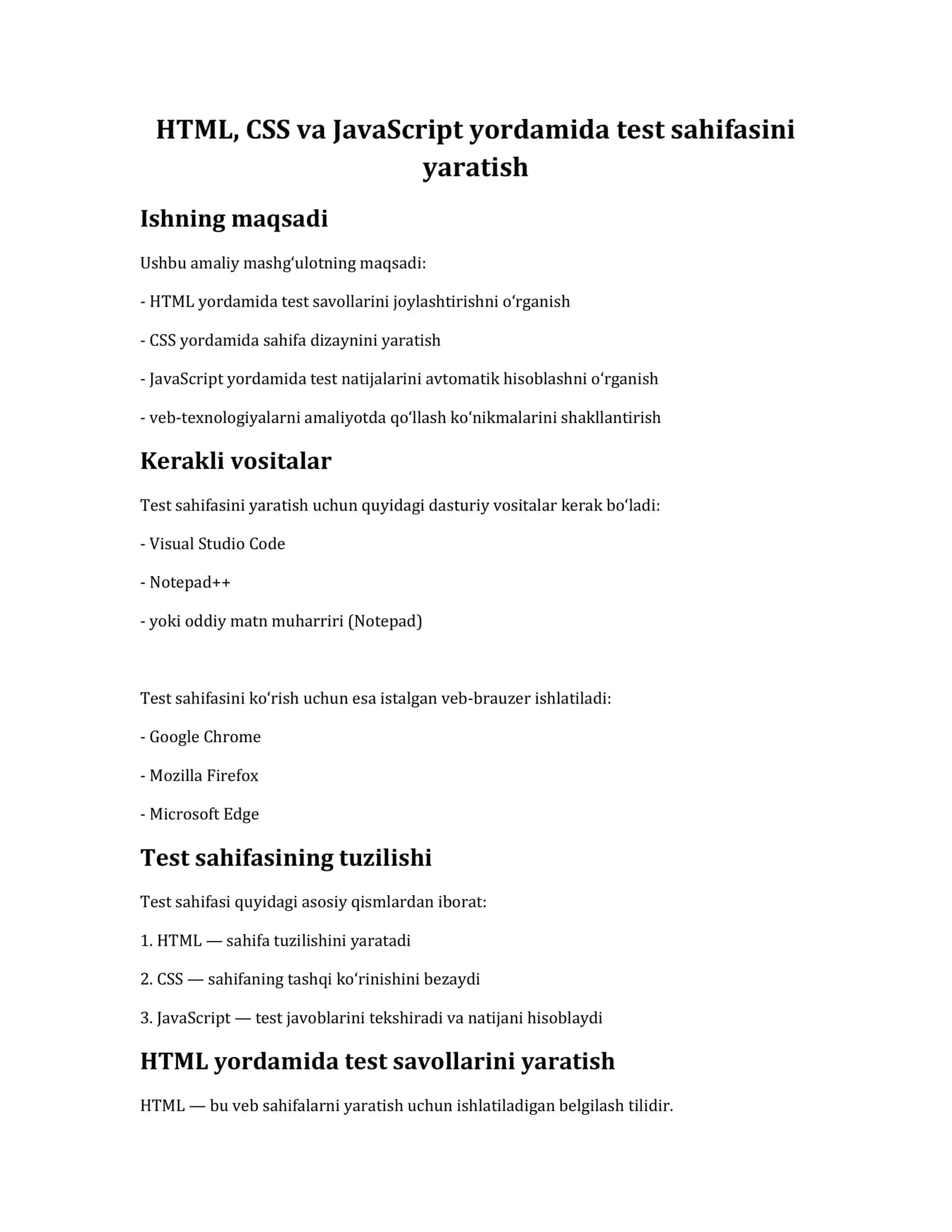 HTML, CSS va JavaScript yordamida test sahifasini yaratish 1