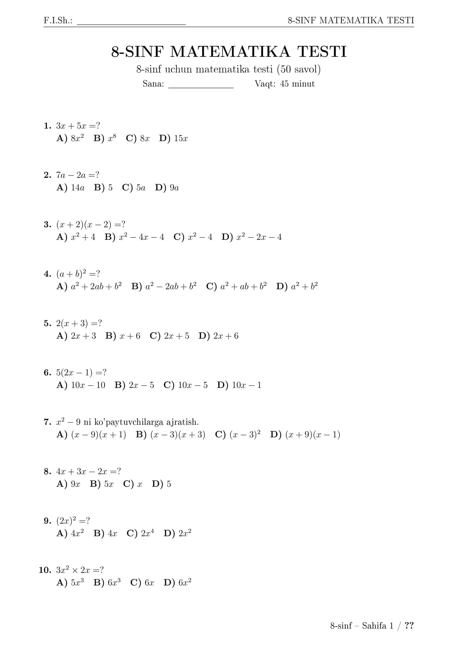 8-SINF MATEMATIKA TESTI 1