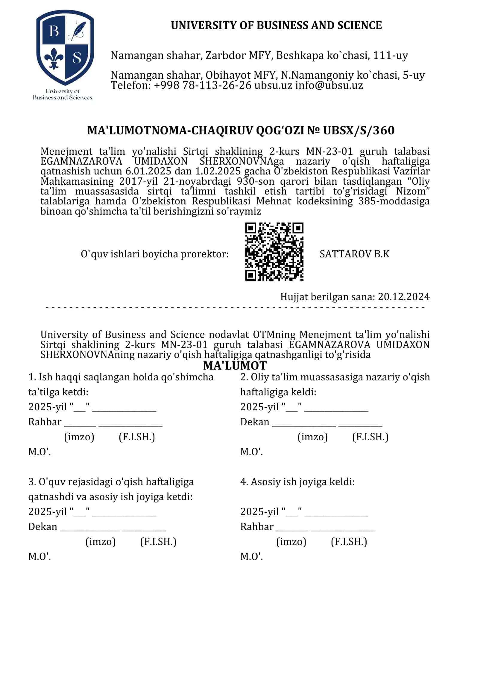 Menejment ta'lim yo'nalishi Sirtqi shaklining 2-kurs MN-23-01 guruh talabasi EGAMNAZAROVA UMIDAXON SHERXONOVNAga nazariy o'qish 1