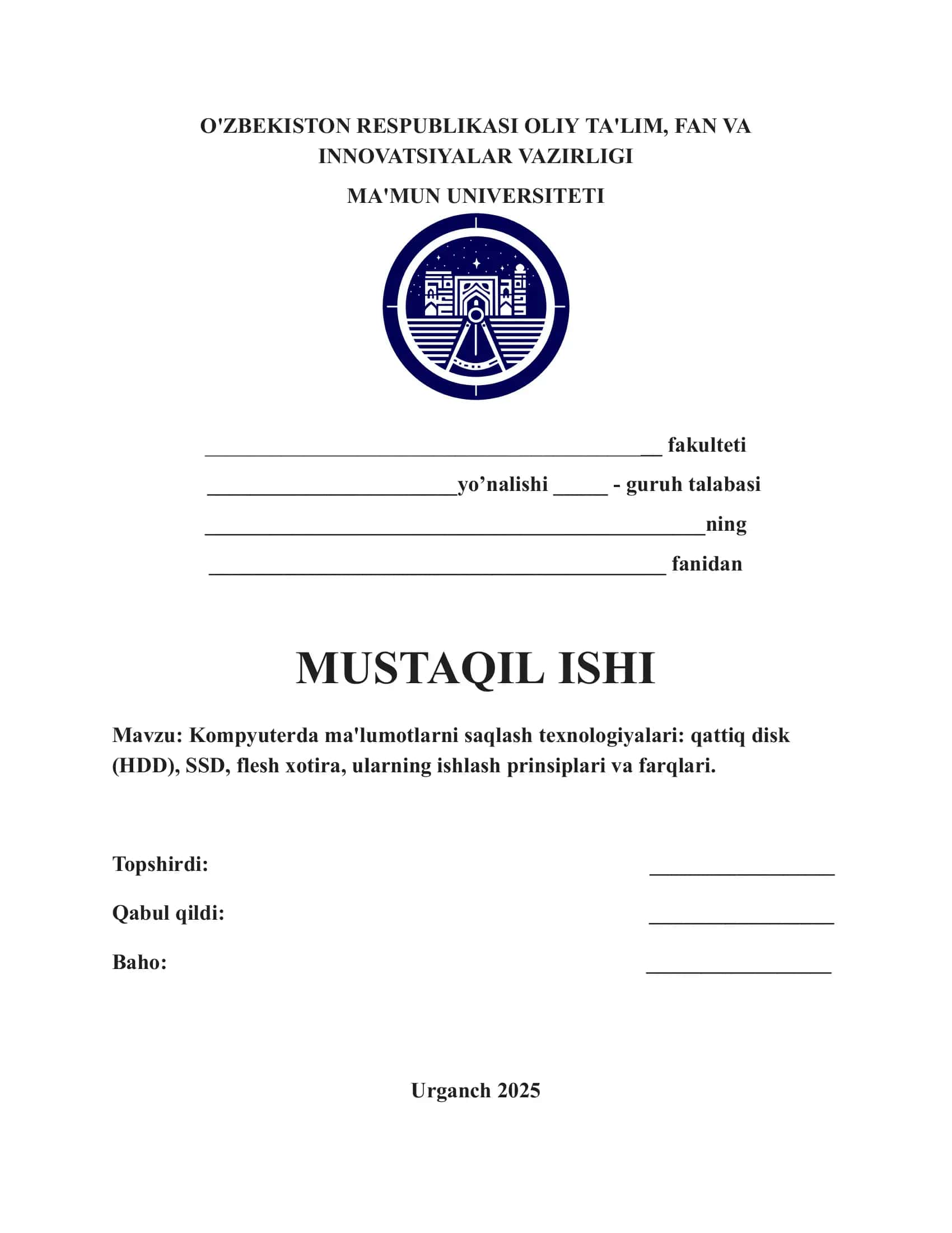 Kompyuterda ma'lumotlarni saqlash texnologiyalari: qattiq disk (HDD), SSD, flesh xotira, ularning ishlash prinsiplari va farqlari 1