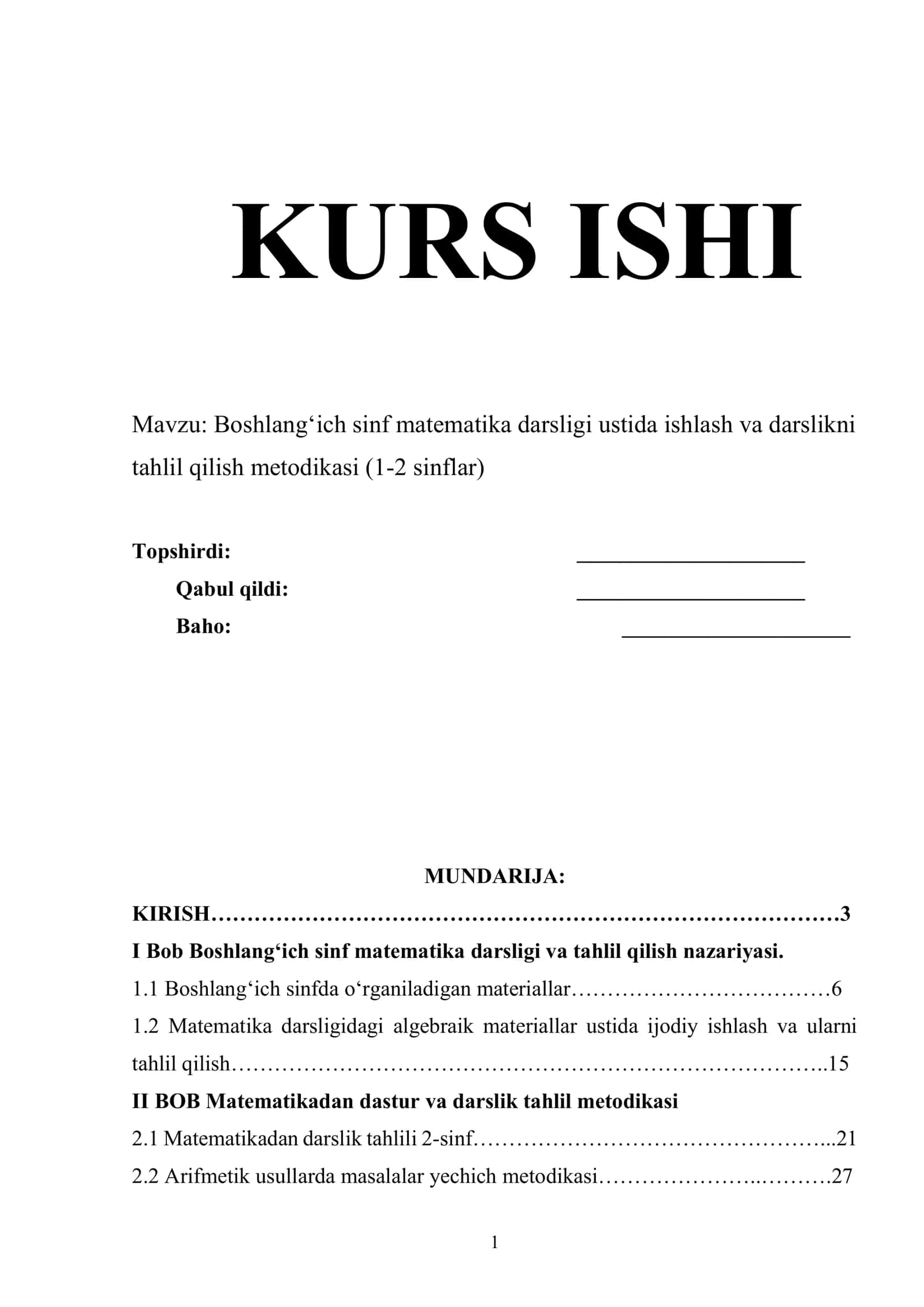 Boshlang‘ich sinf matematika darsligi ustida ishlash va darslikni tahlil qilish metodikasi (1-2 sinflar) 1