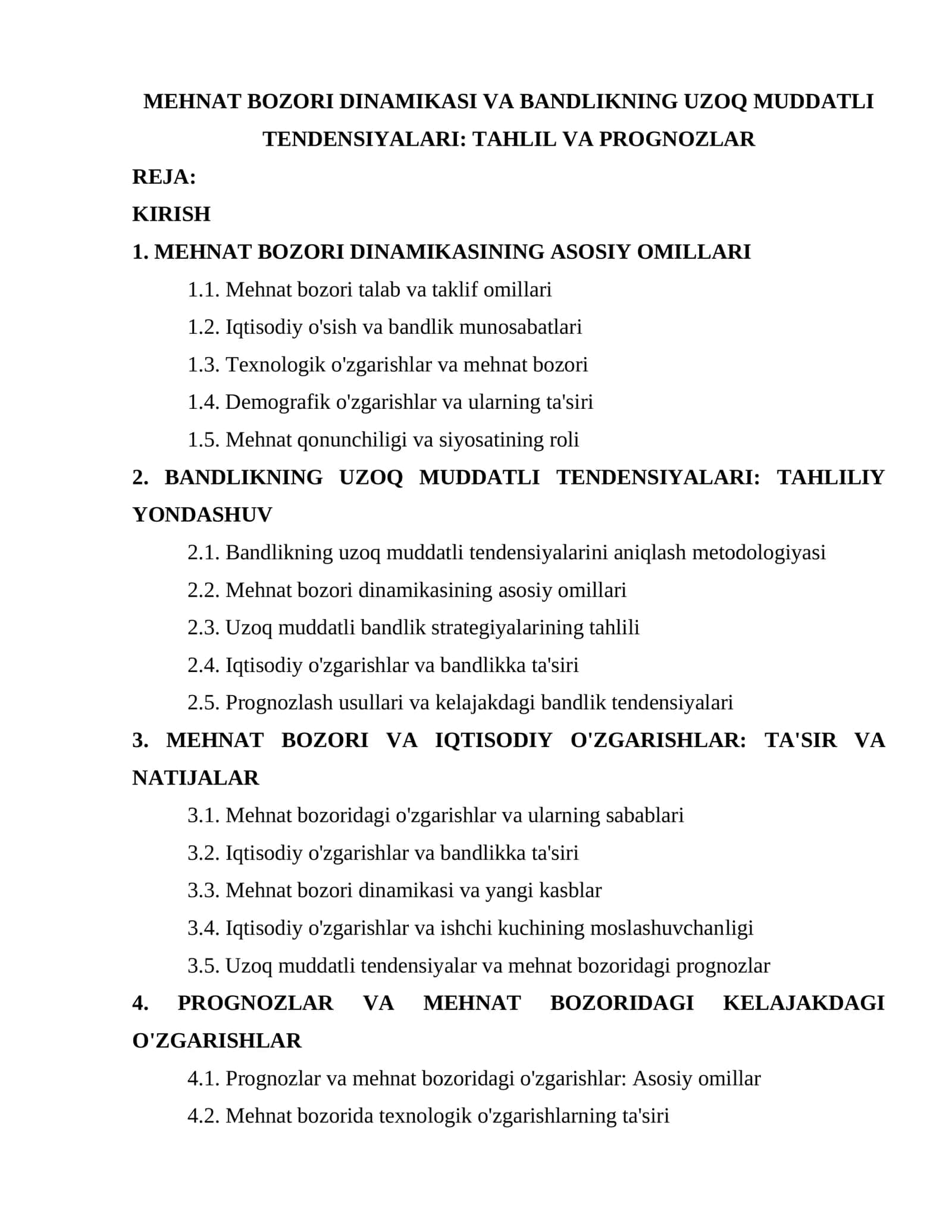 MEHNAT BOZORI DINAMIKASI VA BANDLIKNING UZOQ MUDDATLI TENDENSIYALARI: TAHLIL VA PROGNOZLAR 1
