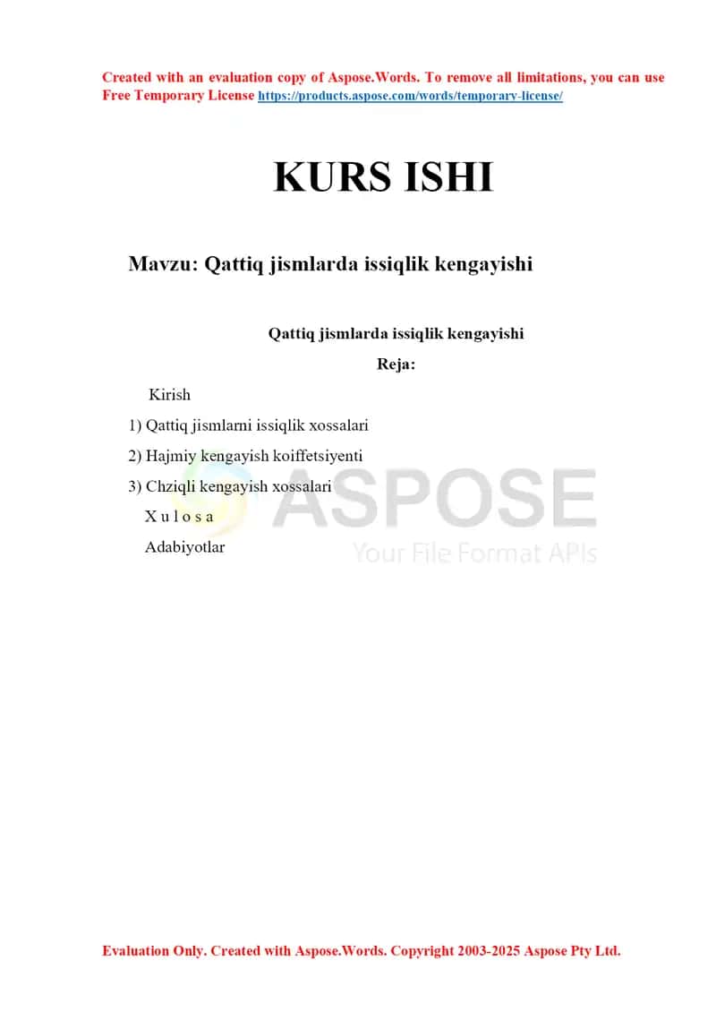 Kurs ishi “Qattiq jismlarda issiqlik kengayishi” 1