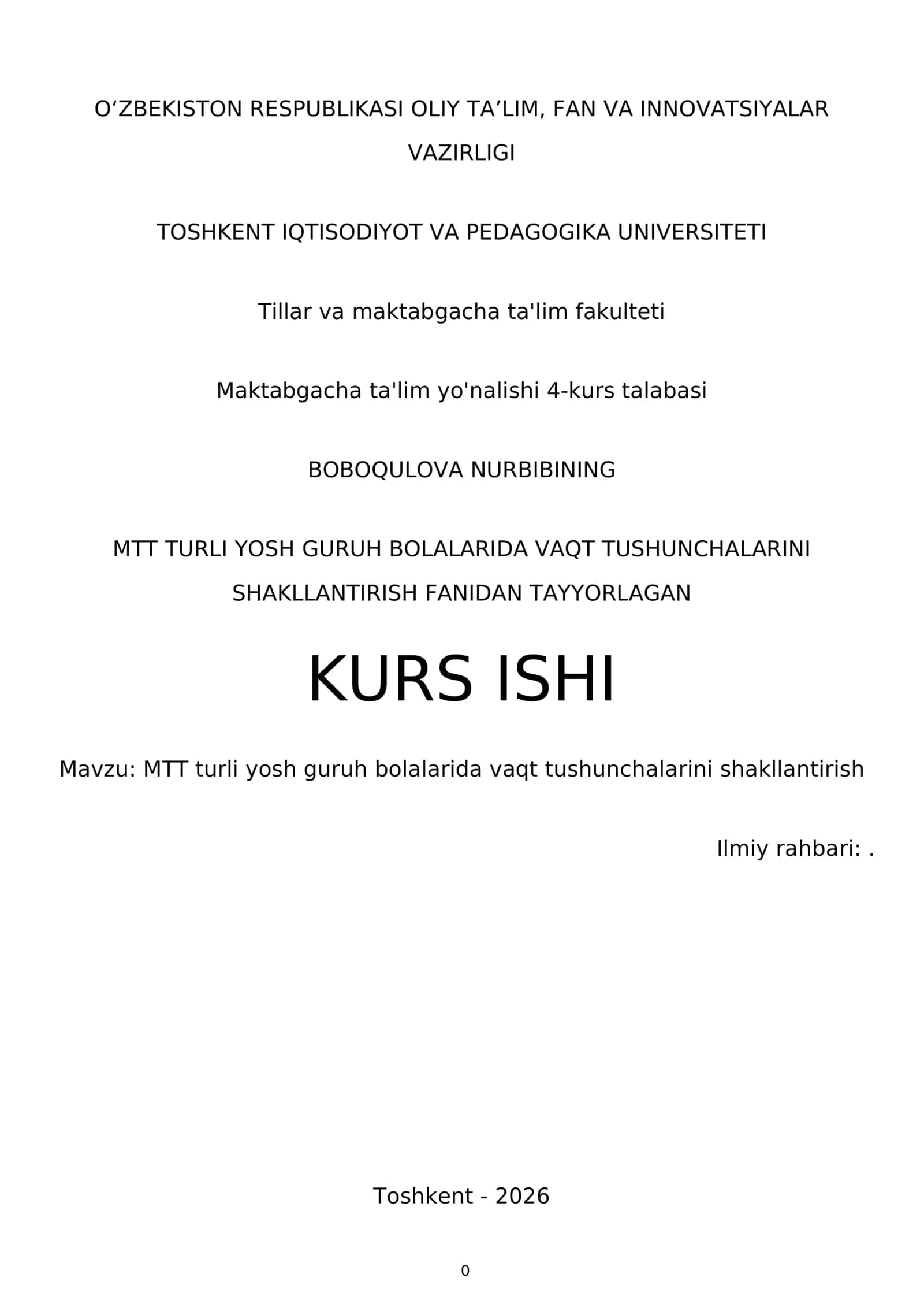 MTT TURLI YOSH GURUH BOLALARIDA VAQT TUSHUNCHALARINI SHAKLLANTIRISH FANIDAN TAYYORLAGAN KURS ISHI 1