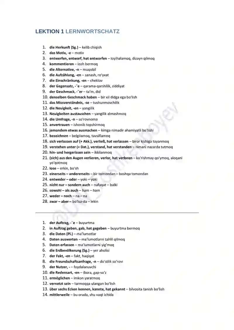 Nemis tilida C2 Lugʻat tarjimalari