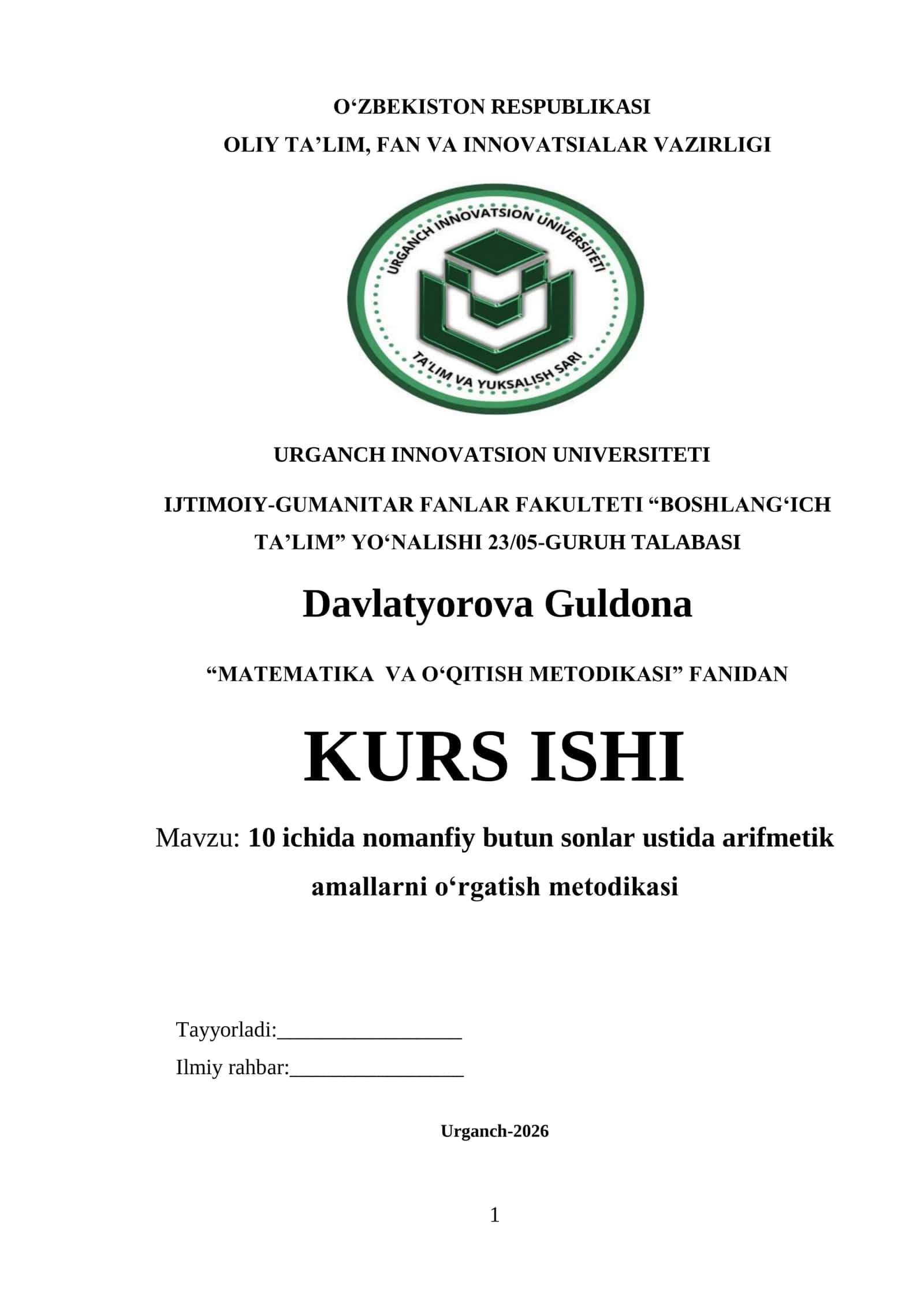 10 ichida nomanfiy butun sonlar ustida arifmetik amallarni o‘rgatish metodikasi 1