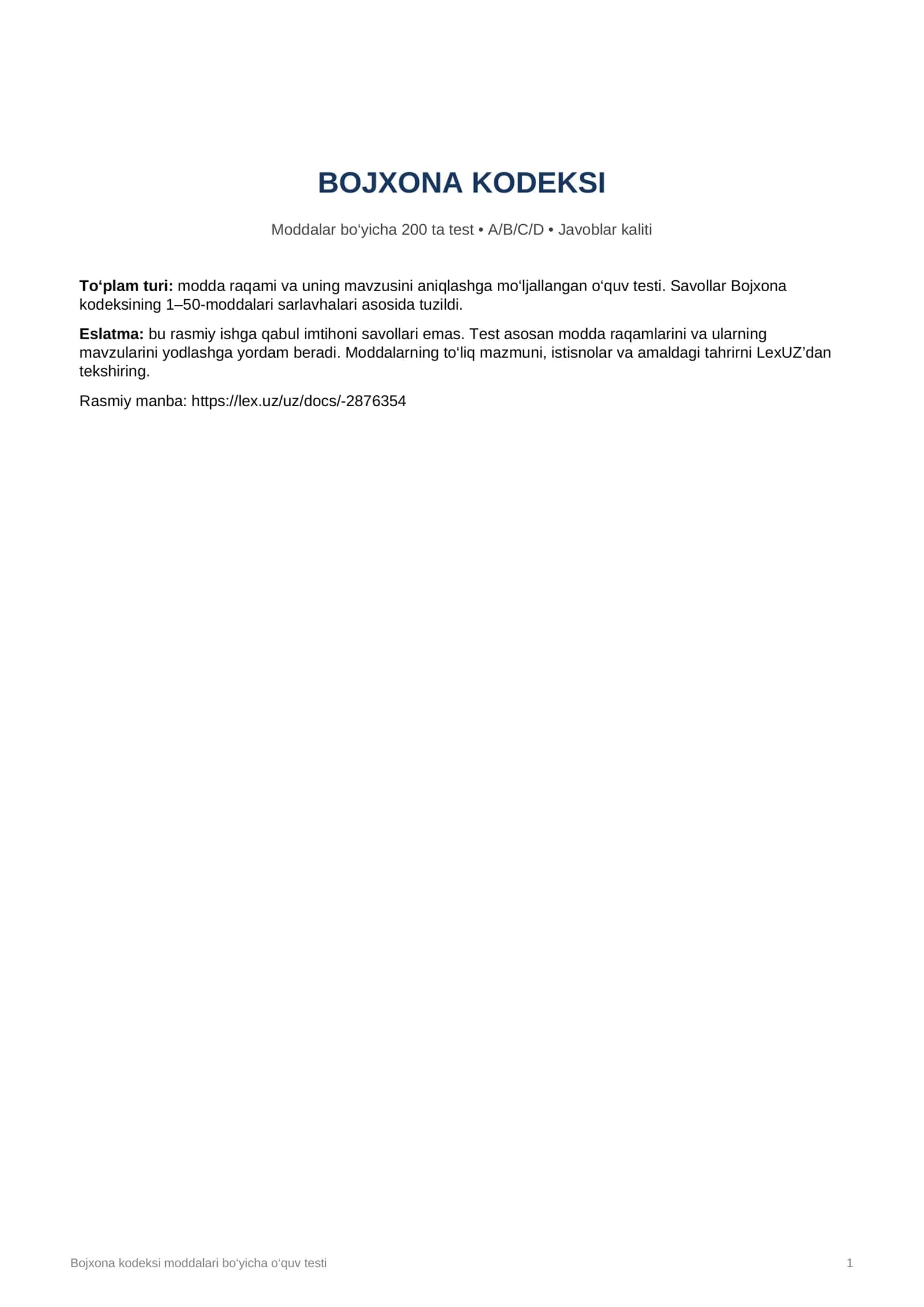 Bojxona kodeksi moddalari bo‘yicha 200 ta test 1