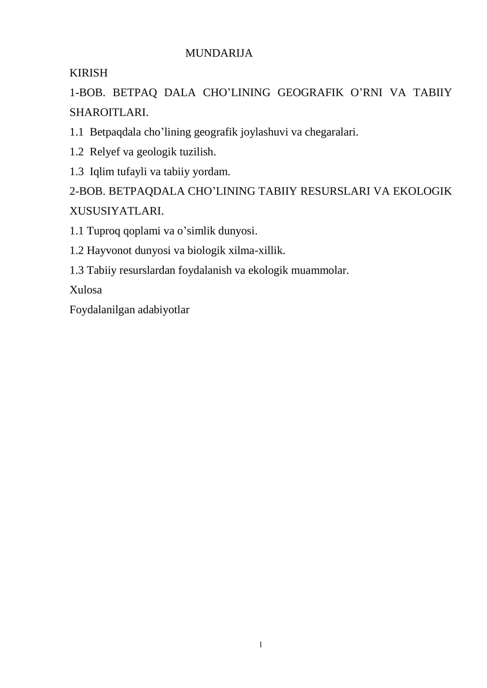 BOB. BETPAQDALA CHO’LINING TABIIY RESURSLARI VA EKOLOGIK XUSUSIYATLARI 1