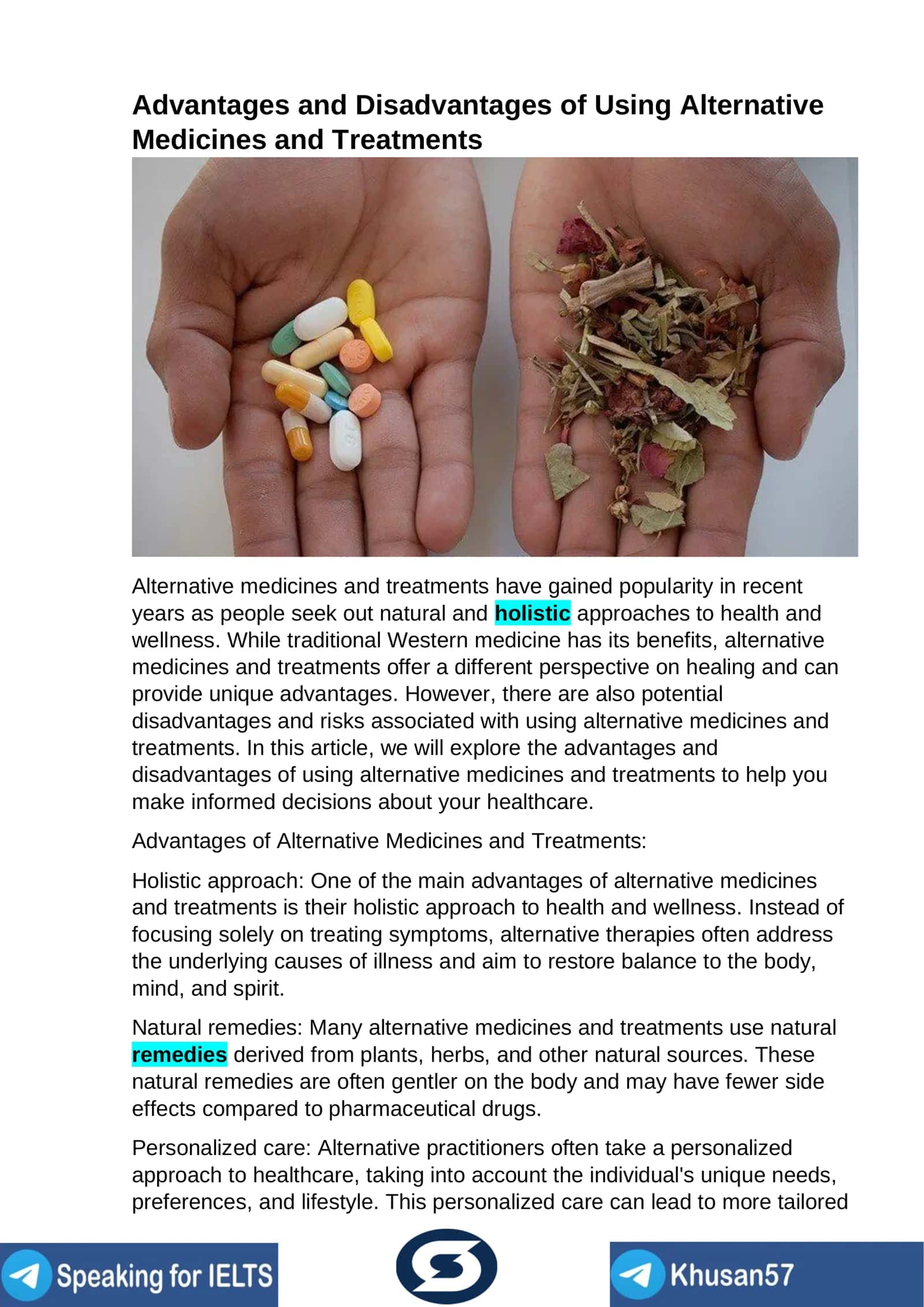 Advantages and Disadvantages of Using Alternative Medicines and Treatments 1