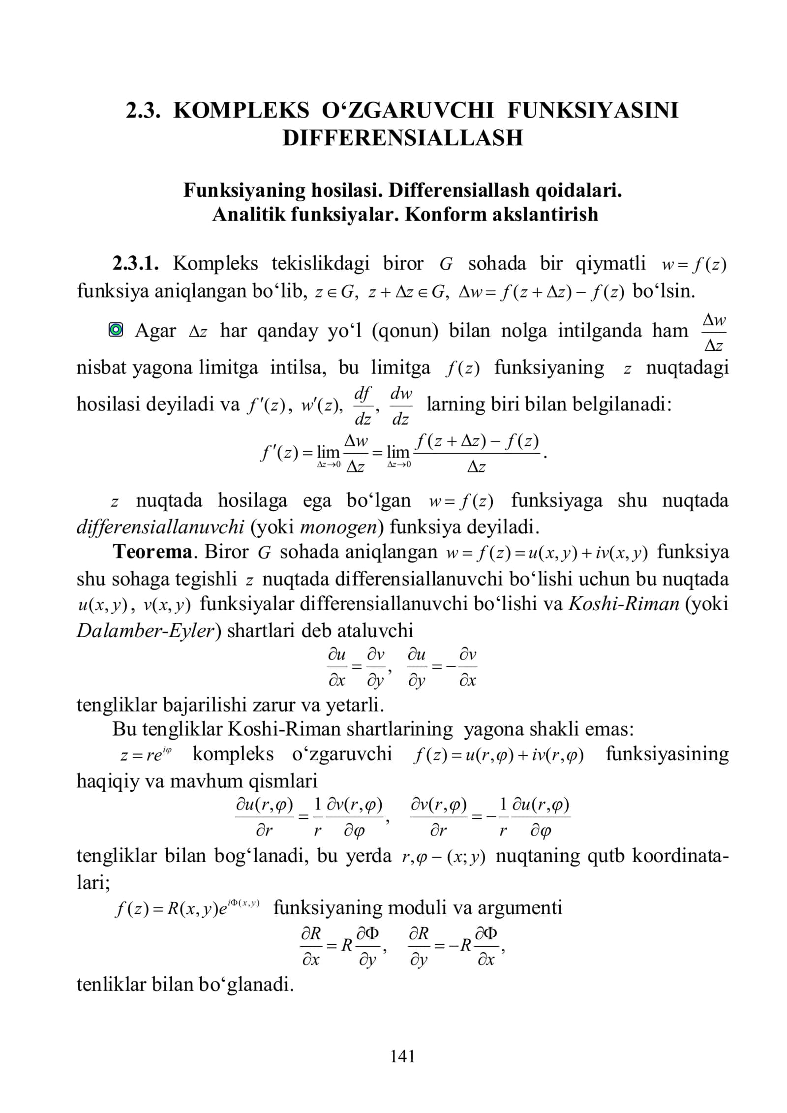 2.3. KOMPLEKS O‘ZGARUVCHI FUNKSIYASINI DIFFERENSIALLASH 1