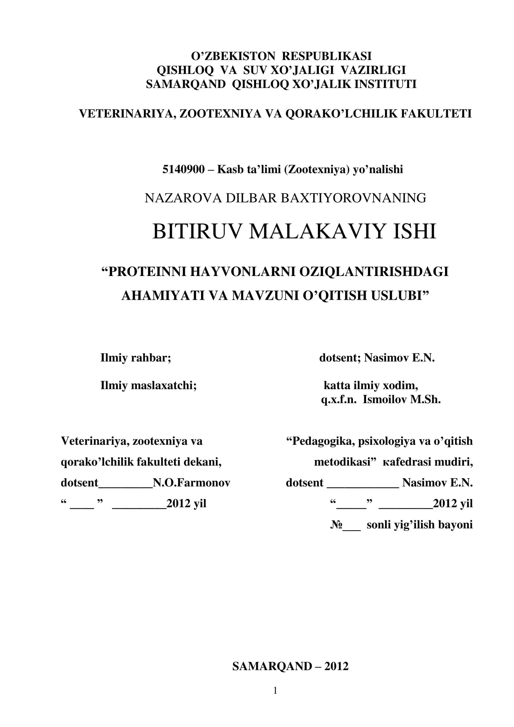 PROTEINNI HAYVONLARNI OZIQLANTIRISHDAGI AHAMIYATI VA MAVZUNI O’QITISH USLUBI 1