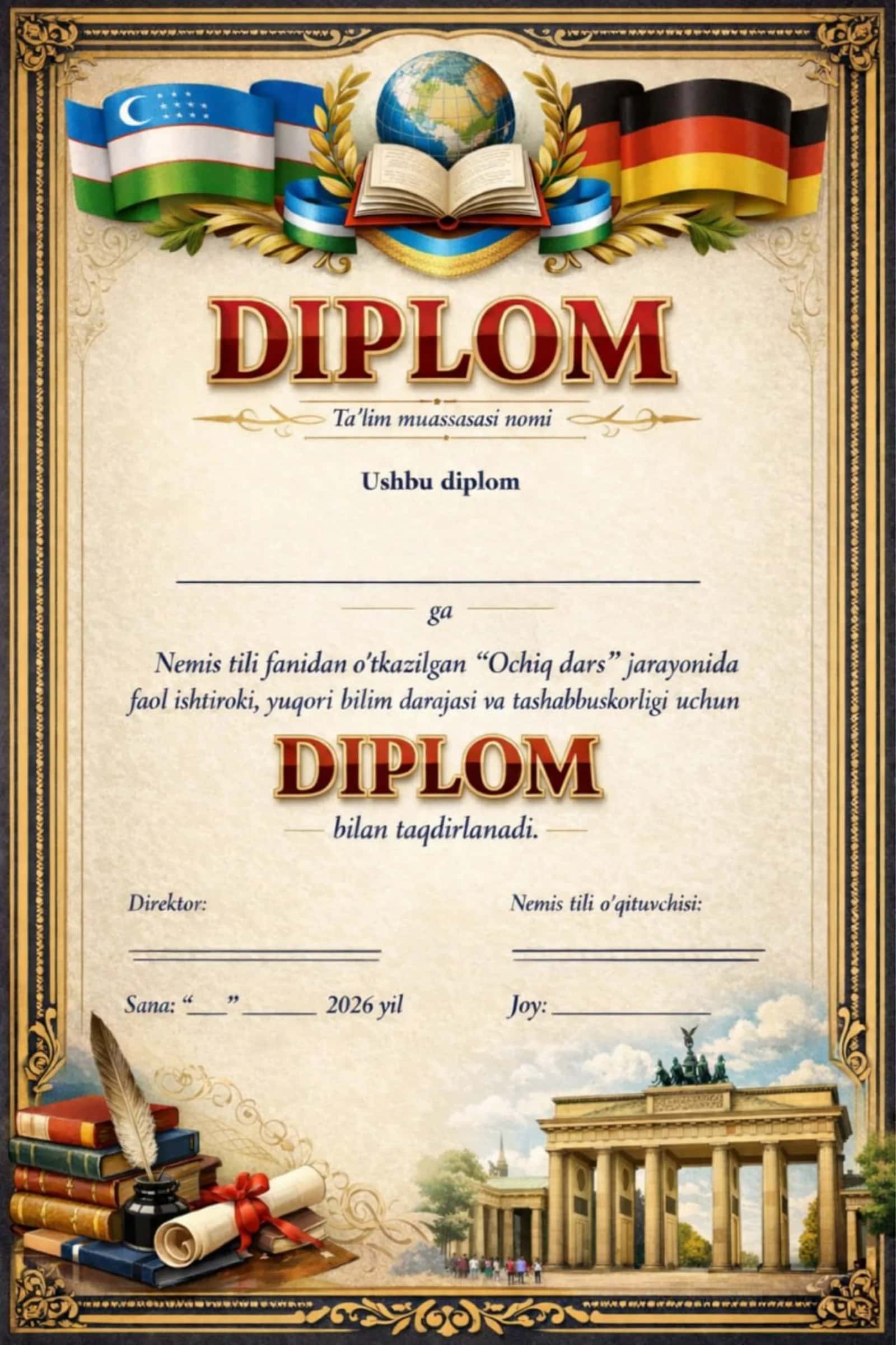 Nemis tili fanidan o‘tkazilgan “Ochiq dars” jarayonida faol ishtiroki, yuqori bilim darajasi va tashabbuskorligi uchun DIPLOM 1