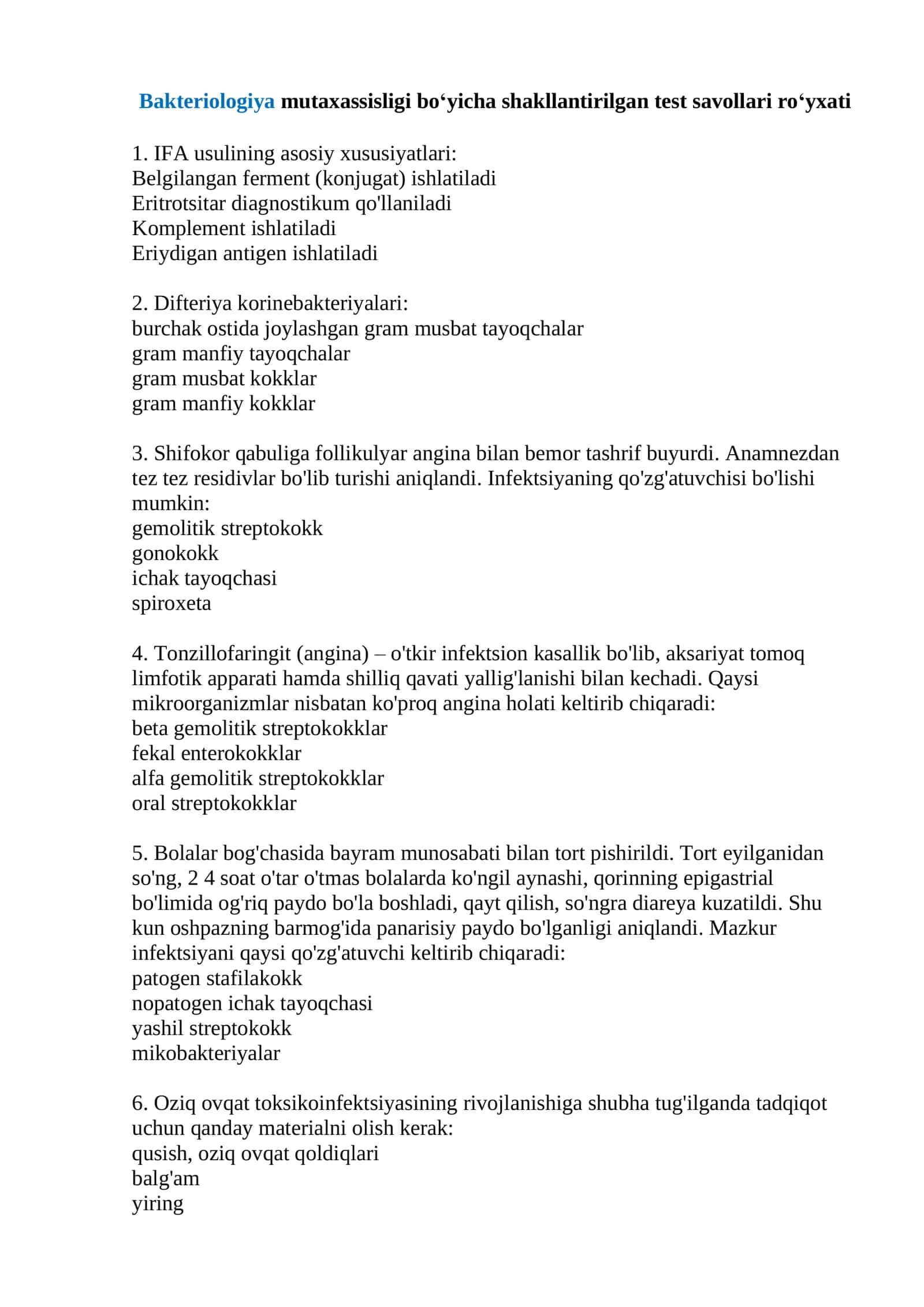Bakteriologiya mutaxassisligi bo‘yicha shakllantirilgan test savollari ro‘yxati 2026 1