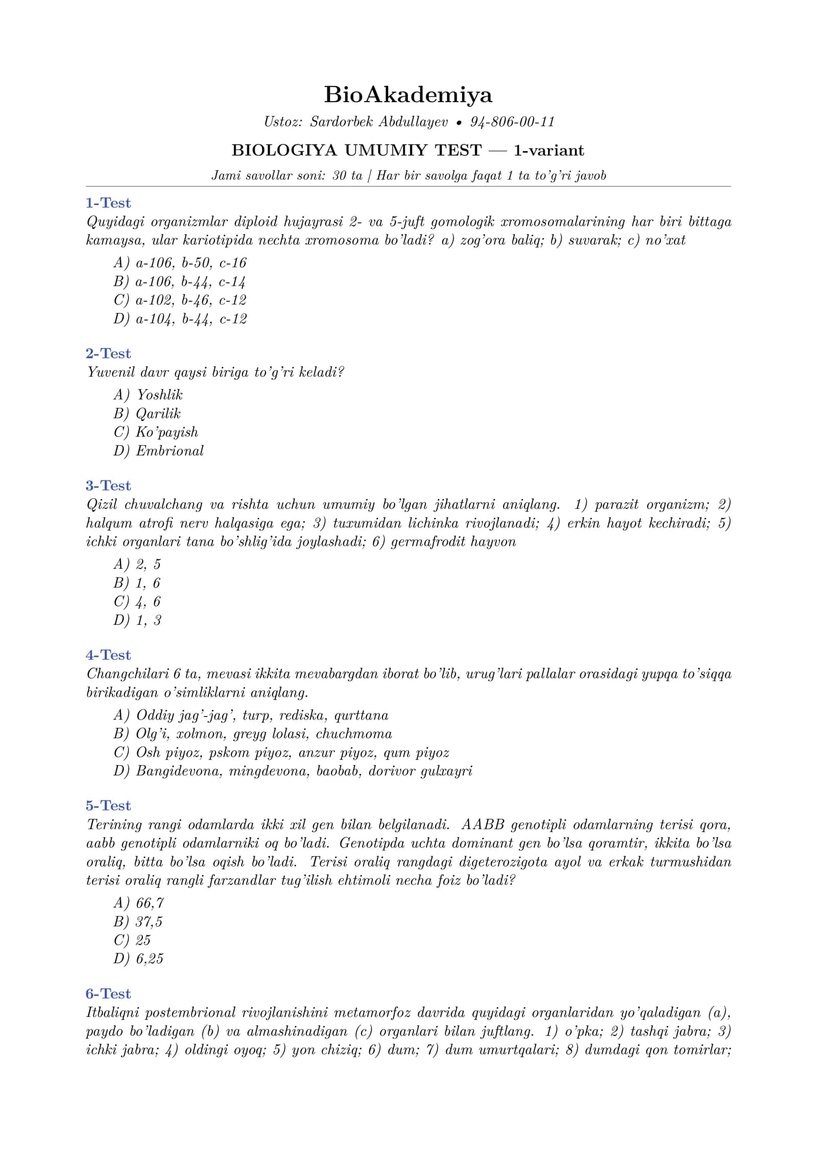 Biologiya 30 talik mock Test Javobli 1