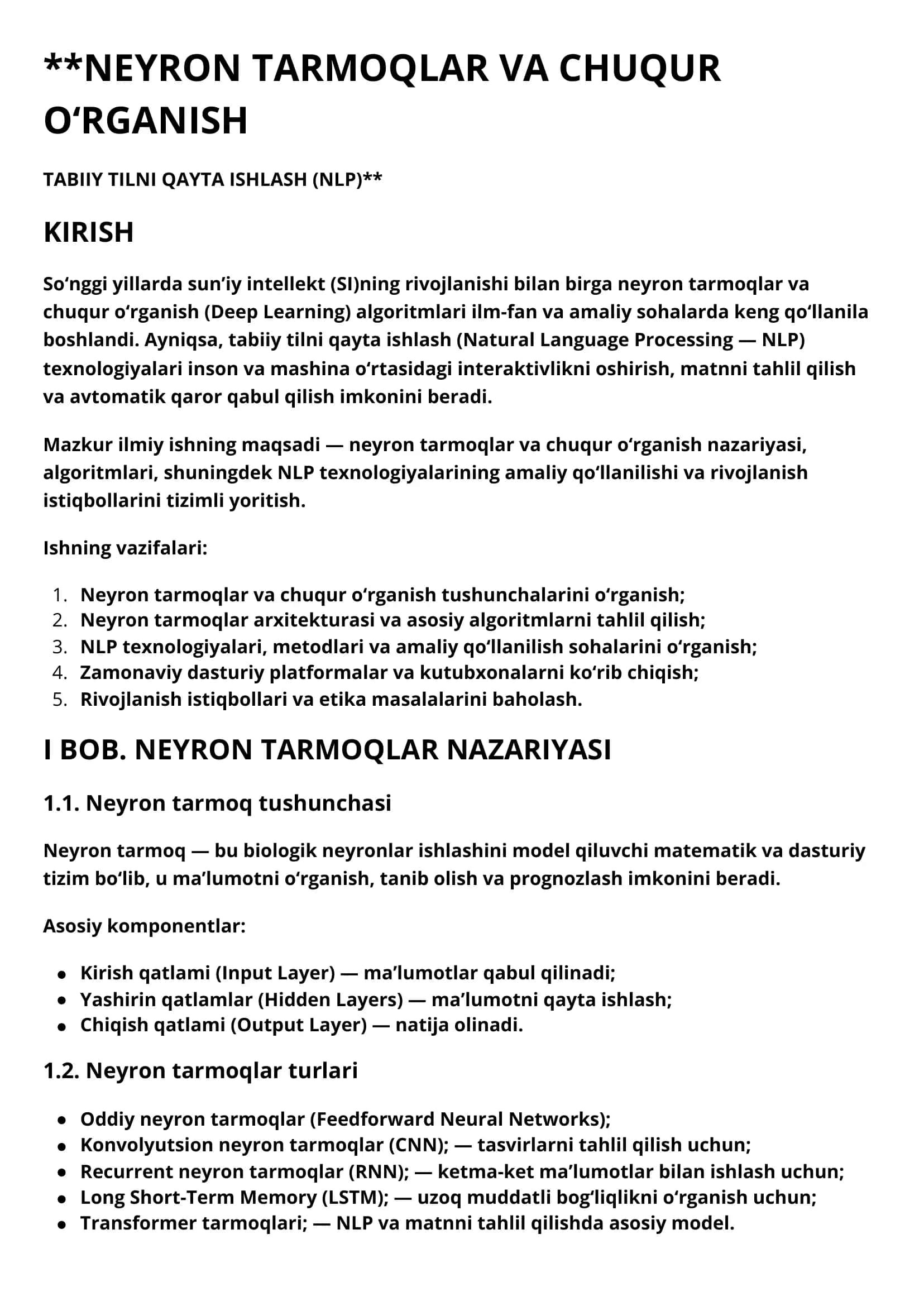 NEYRON TARMOQLAR VA CHUQUR O‘RGANISH TABIIY TILNI QAYTA ISHLASH (NLP) 1