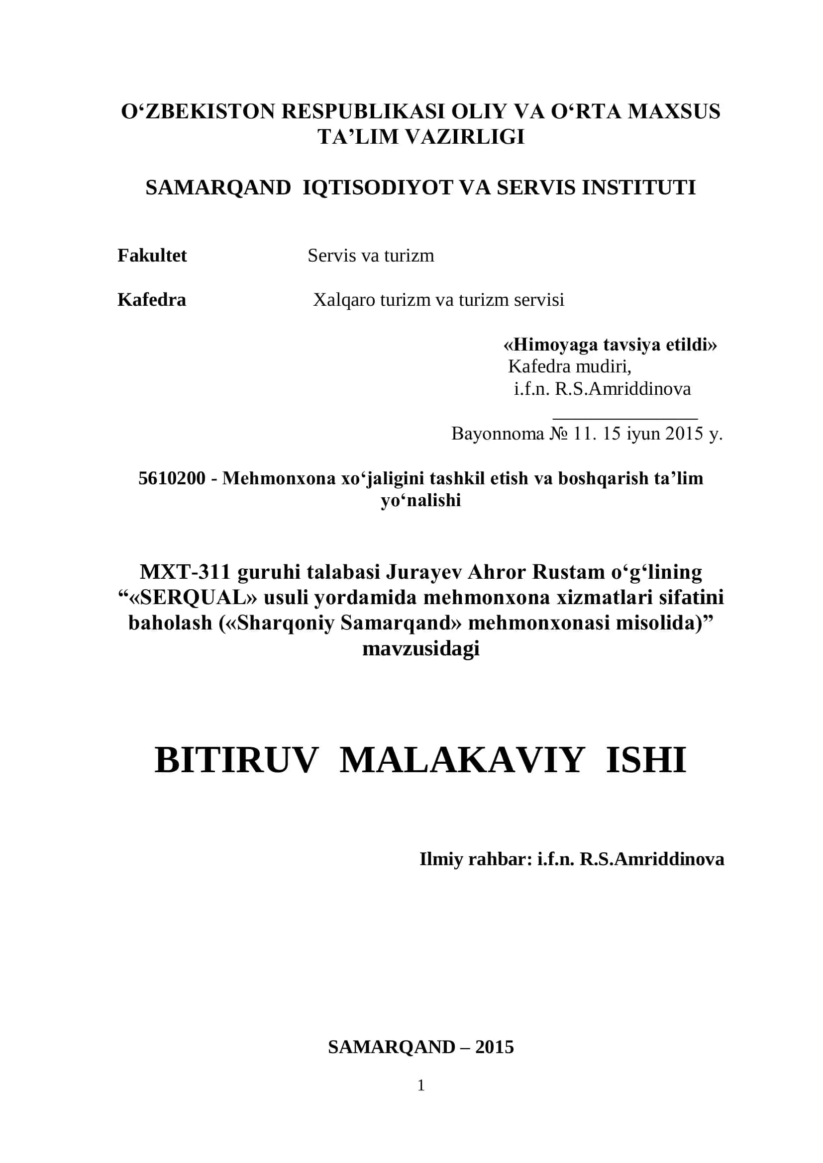 Mehmnonxona xizmatlari sifatini baholash («Sharqoniy Samarqand» mehmonxonasi misolida) 1