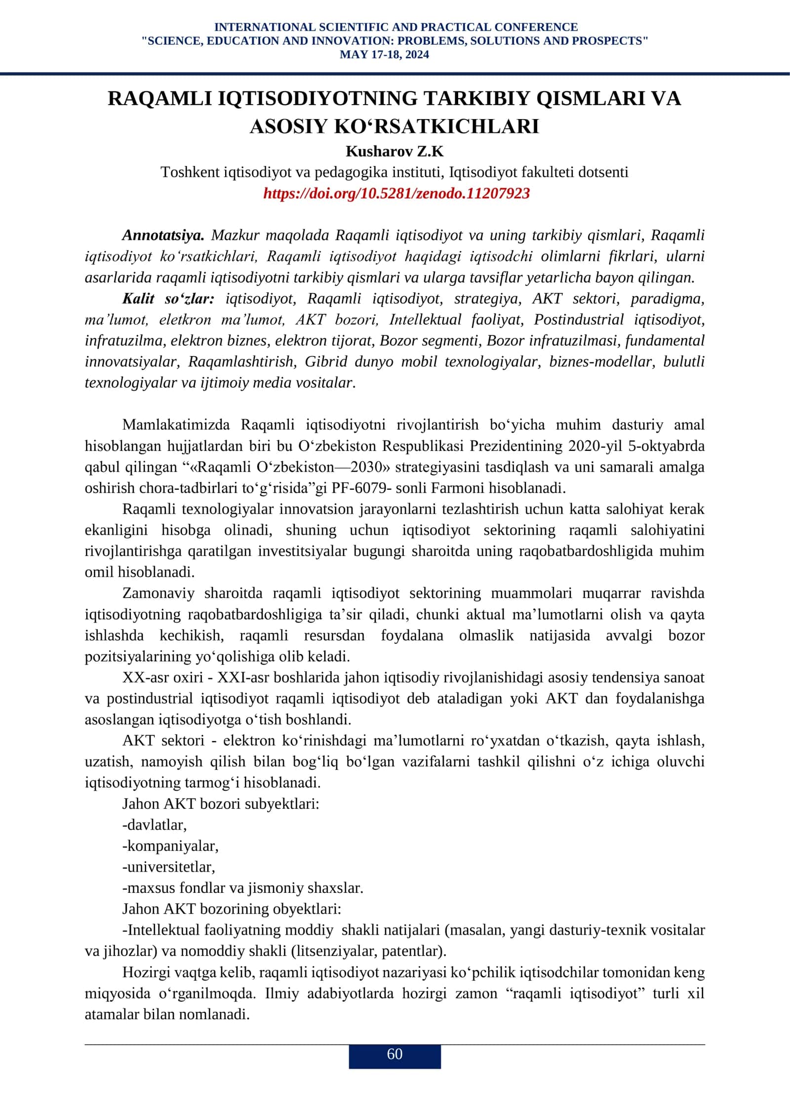 RAQAMLI IQTISODIYOTNING TARKIBIY QISMLARI VA ASOSIY KO‘RSATKICHLARI 1