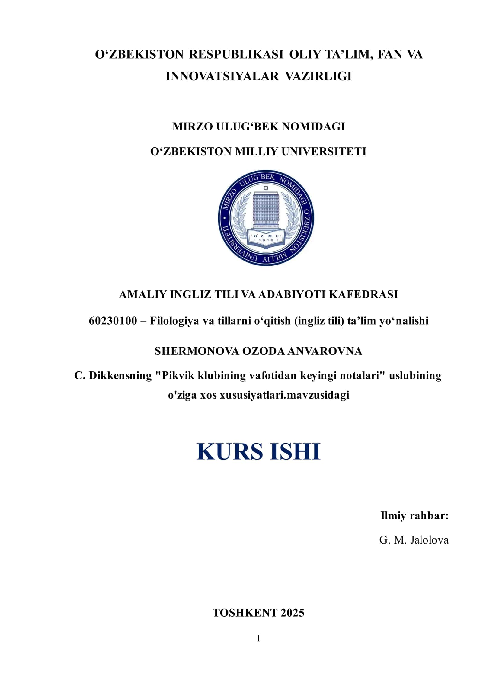 O‘zbekiston Milliy Universiteti - Kurs ishi 1