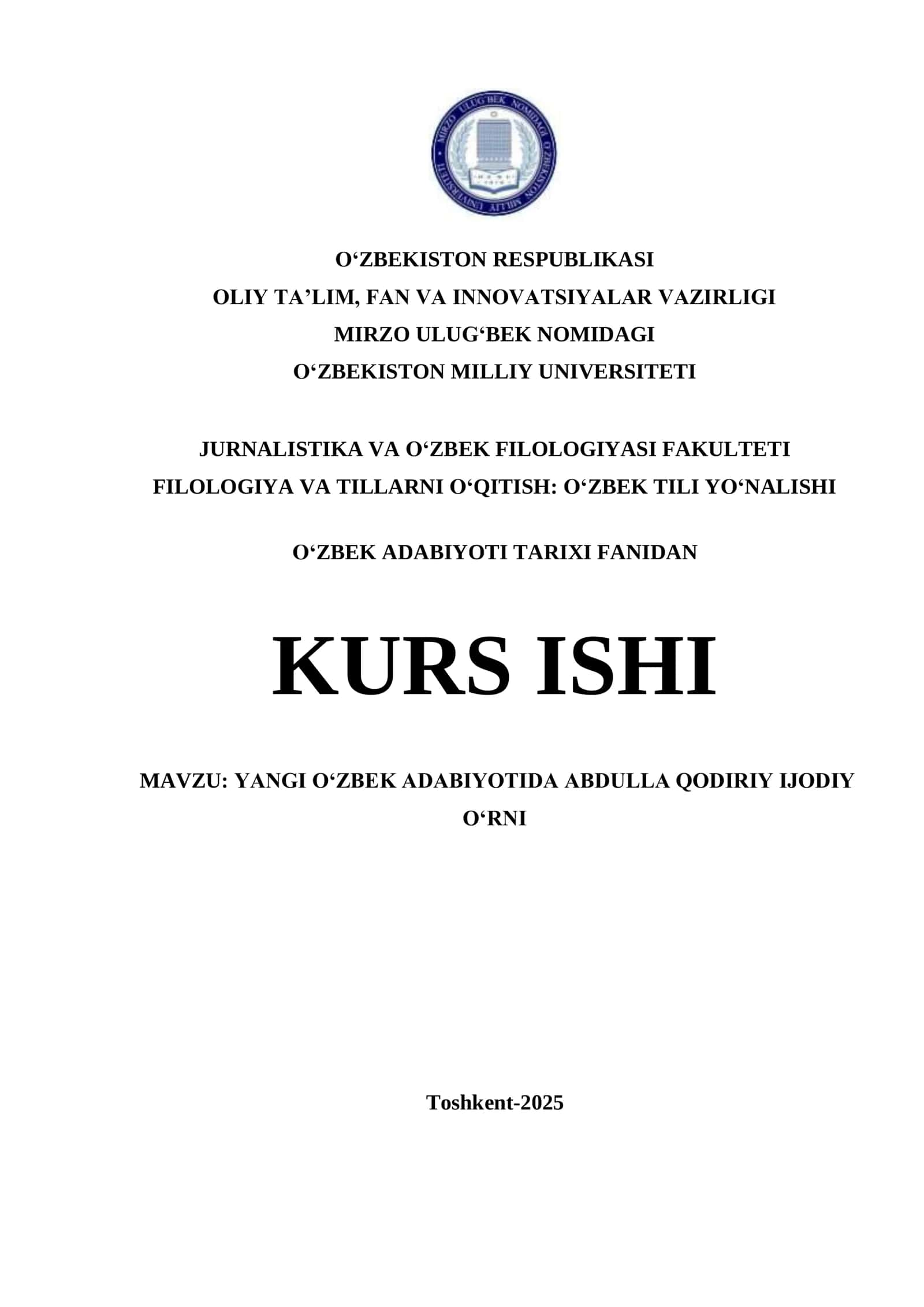YANGI O‘ZBEK ADABIYOTIDA ABDULLA QODIRIY IJODIY O‘RNI 1