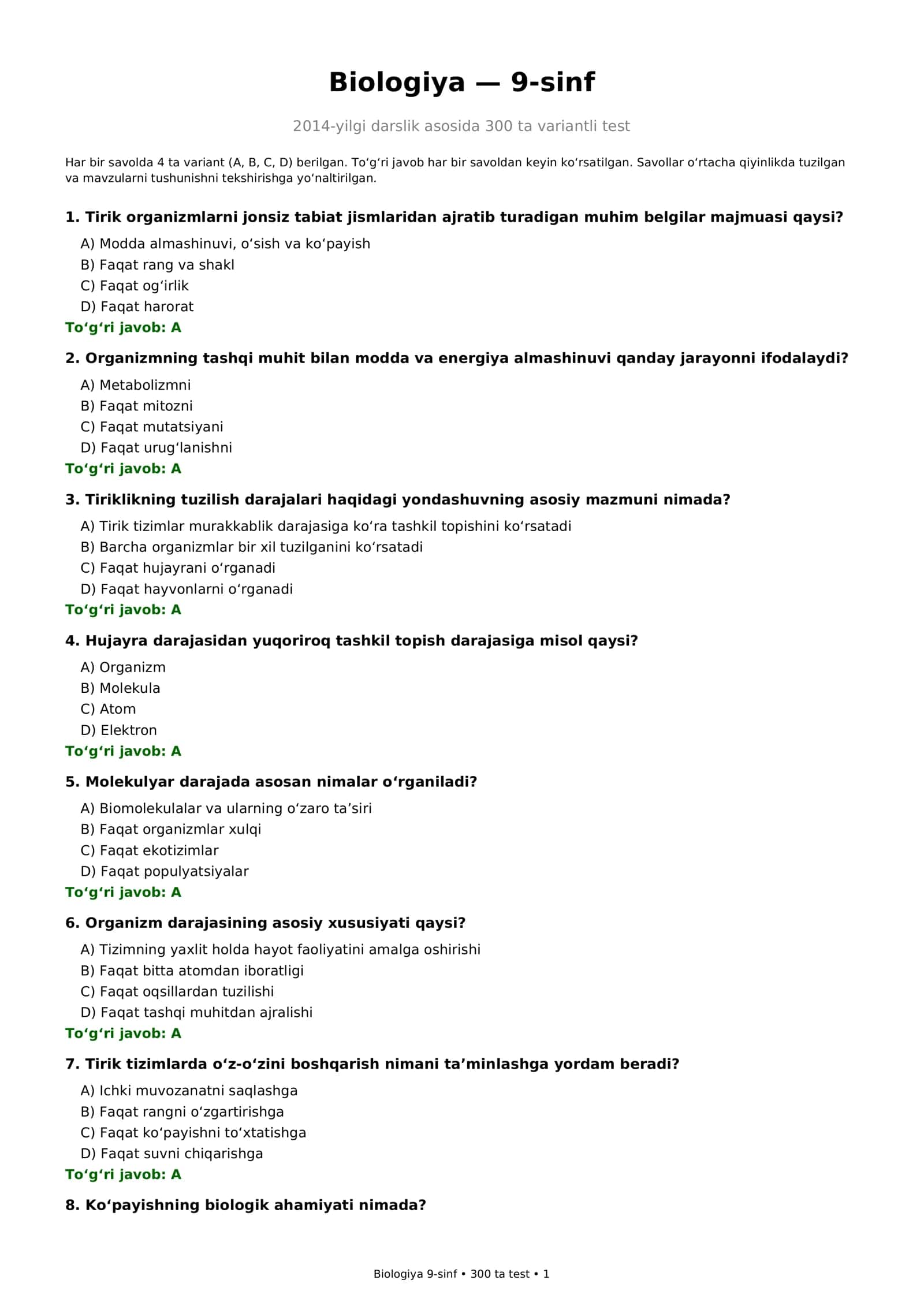 9-SINF BIOLOGIYA — 300 TA TEST + JAVOBLAR 1