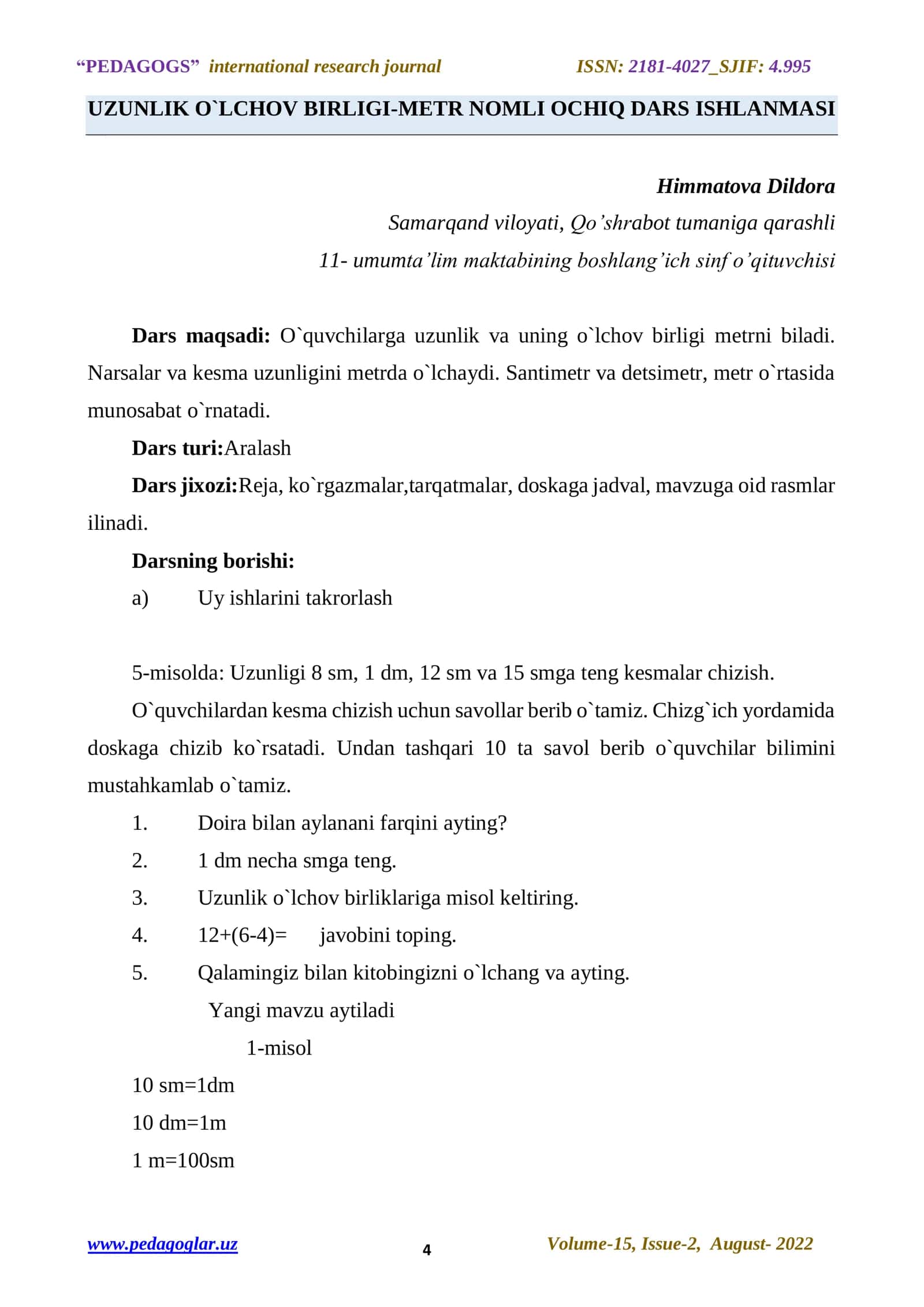 UZUNLIK O`LCHOV BIRLIGI-METR NOMLI OCHIQ DARS ISHLANMASI 1