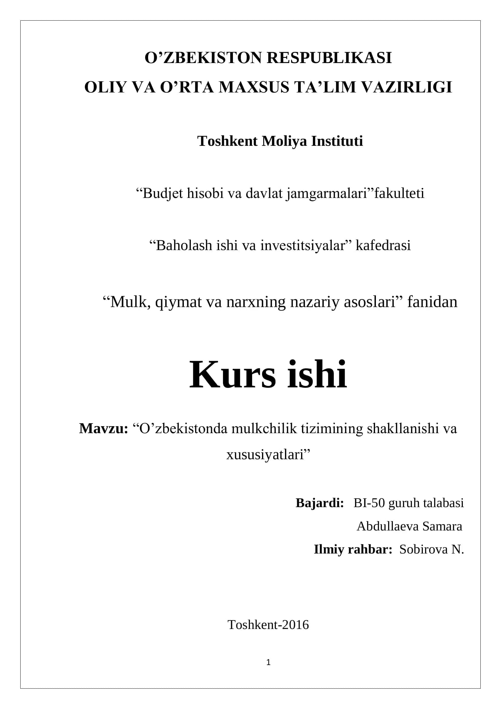 O‘zbekistonda mulkchilik tizimining shakllanishi va xususiyatlari 1