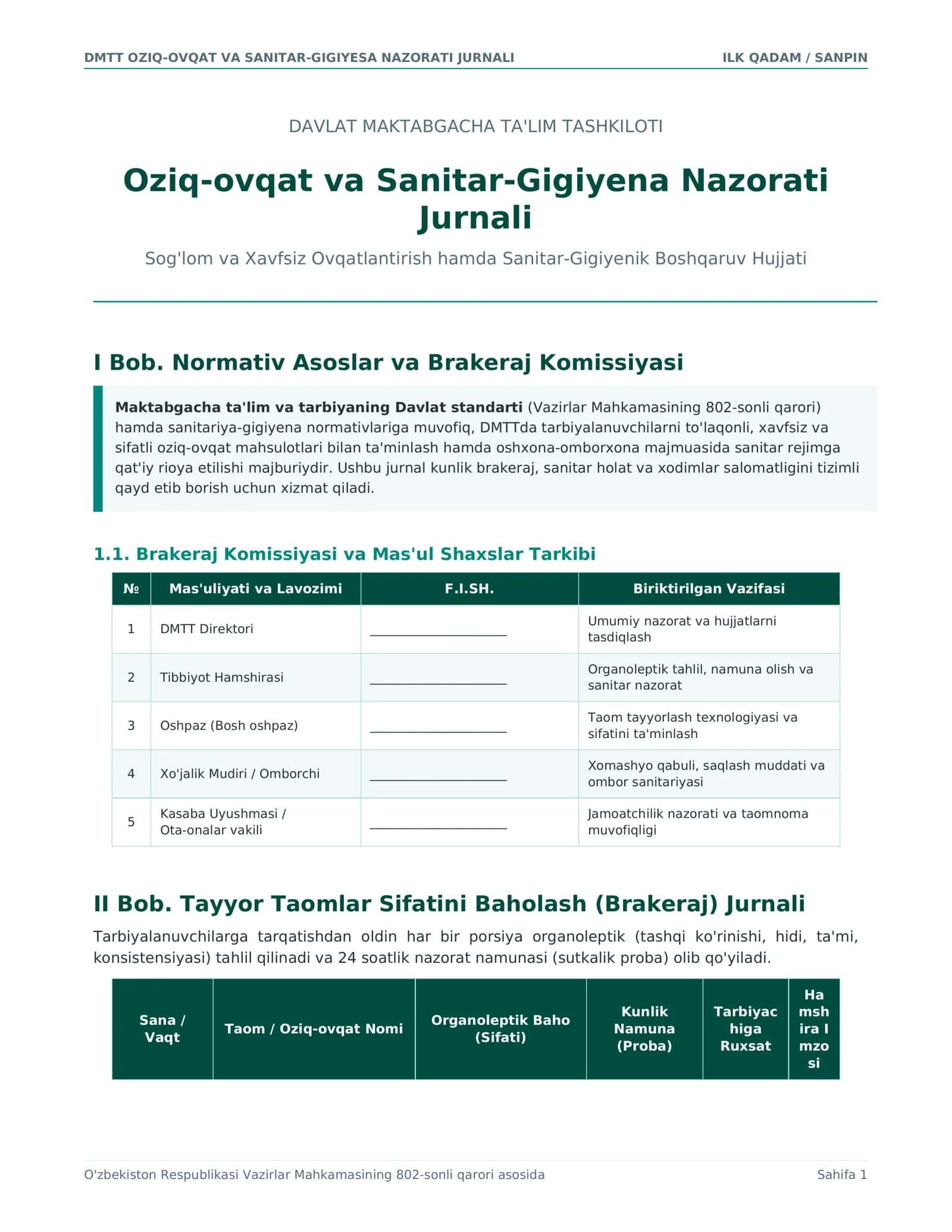 Oziq-Ovqat va Sanitar-Gigiyesa Nazorati Jurnali 1