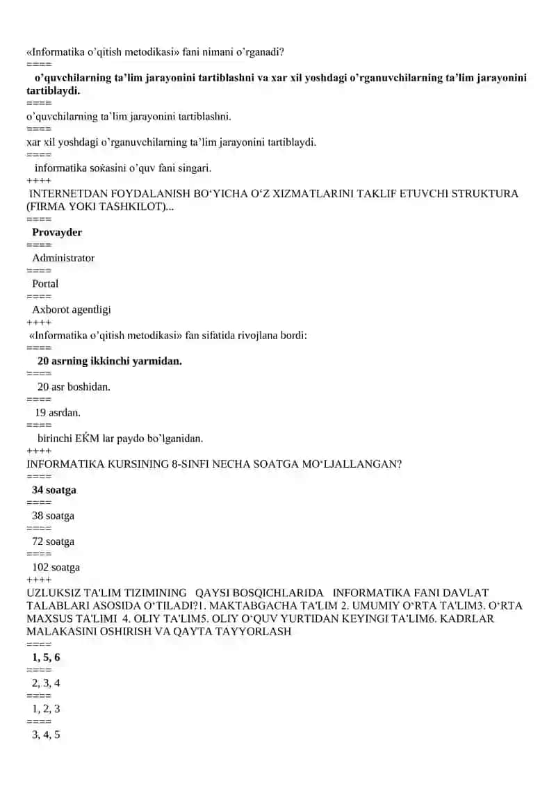 Informatika o’qitish metodikasi testlar javobi bilan