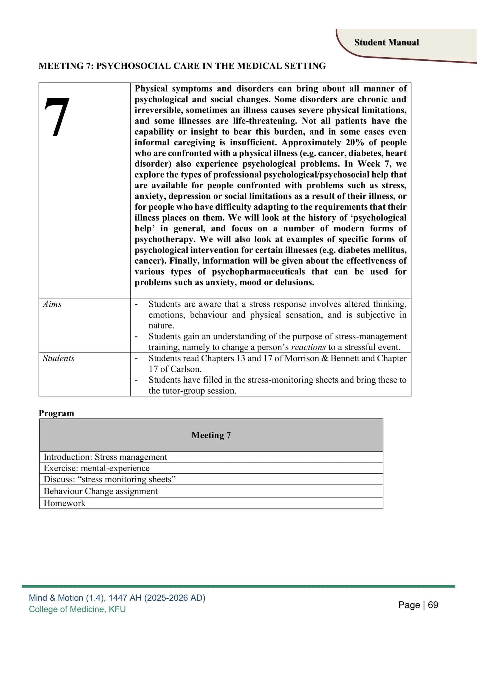 MEETING 7: PSYCHOSOCIAL CARE IN THE MEDICAL SETTING 1