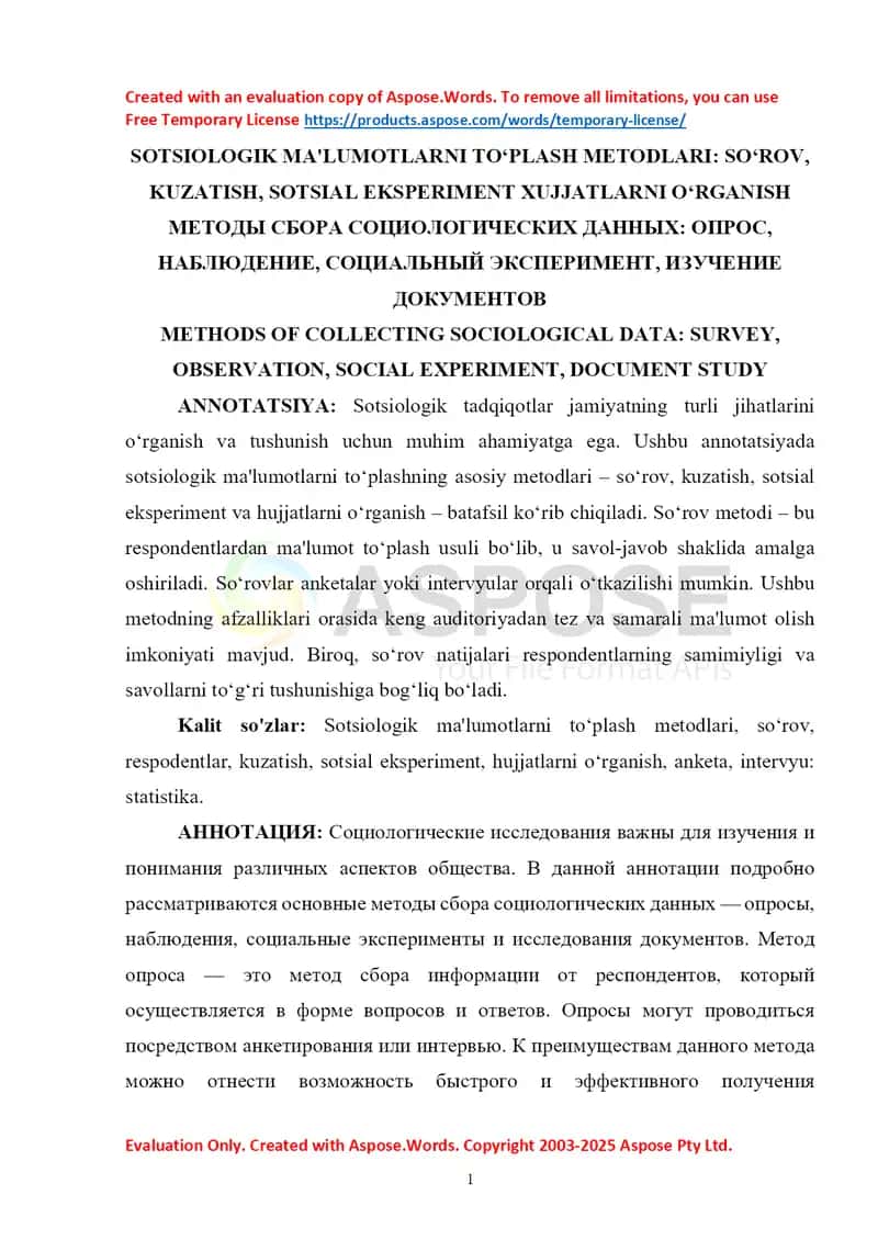 SOTSIOLOGIK MA'LUMOTLARNI TO‘PLASH METODLARI SO‘ROV, KUZATISH, SOTSIAL EKSPERIMENT XUJJATLARNI O‘RGANISH 1