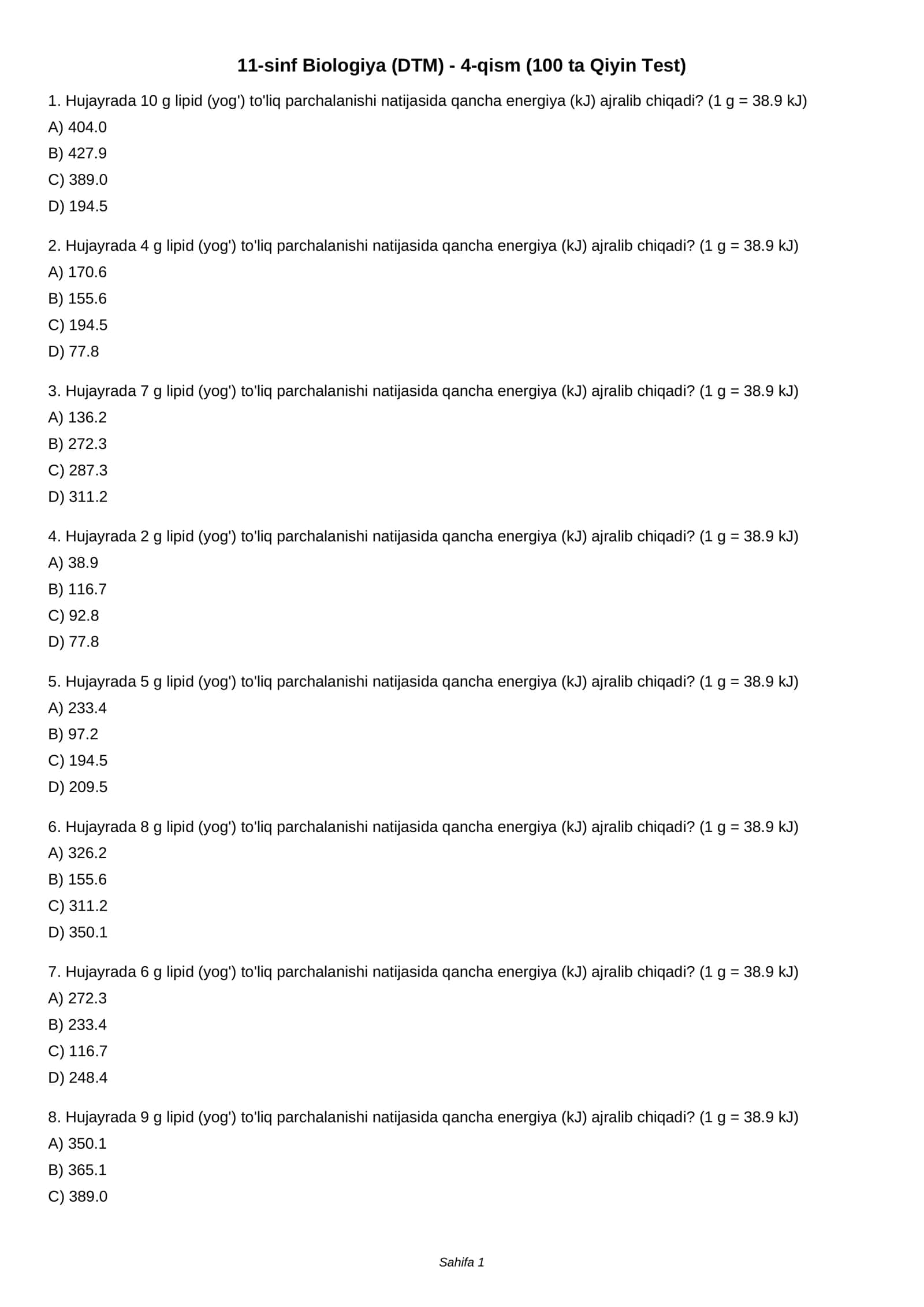 11-sinf Biologiya (DTM) - 4-qism (100 ta Qiyin Test) 1