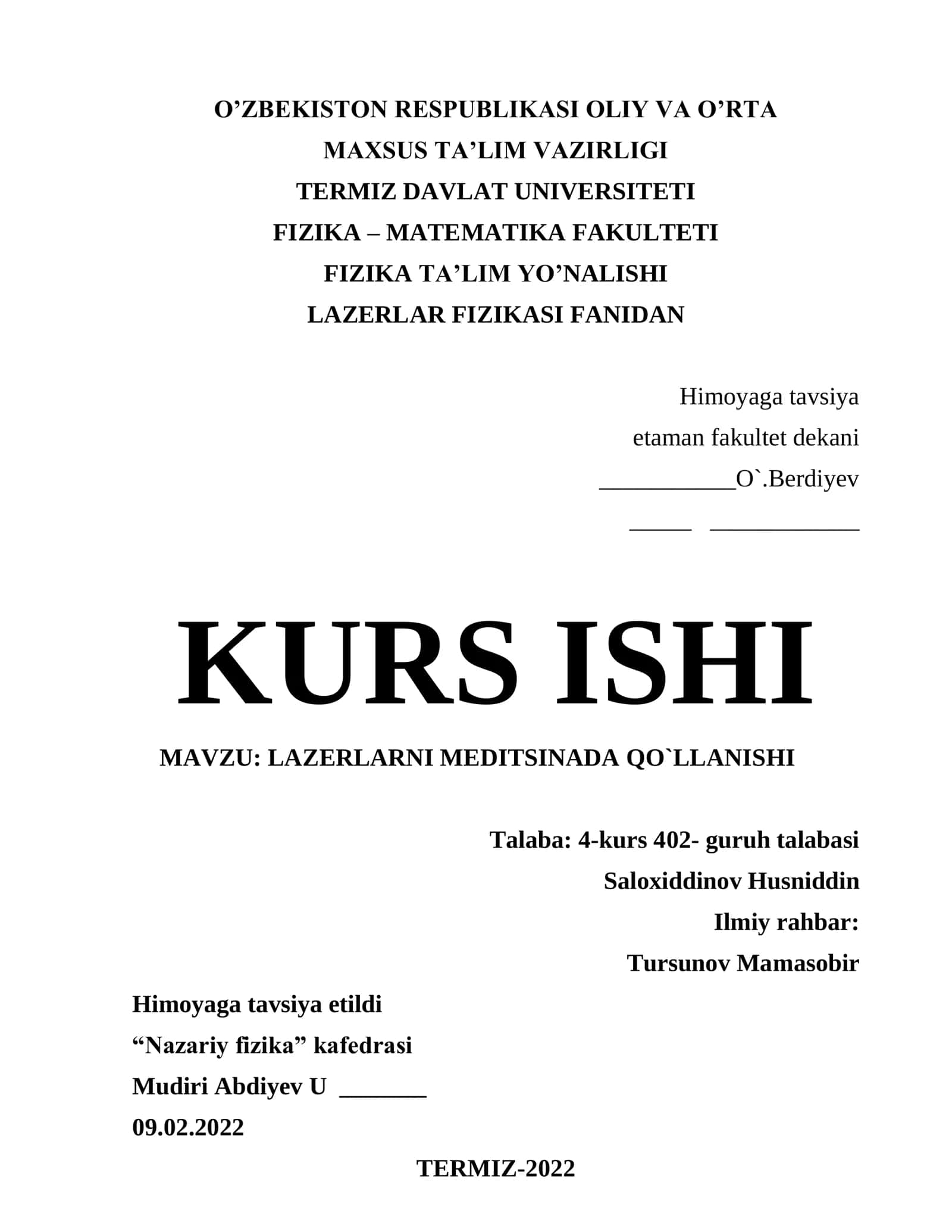 LAZERLARNI MEDITSINADA QO`LLANISHI 1