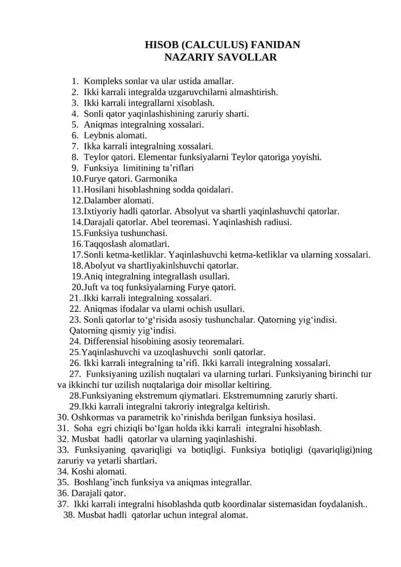 HISOB (CALCULUS) FANIDAN NAZARIY SAVOLLAR 1