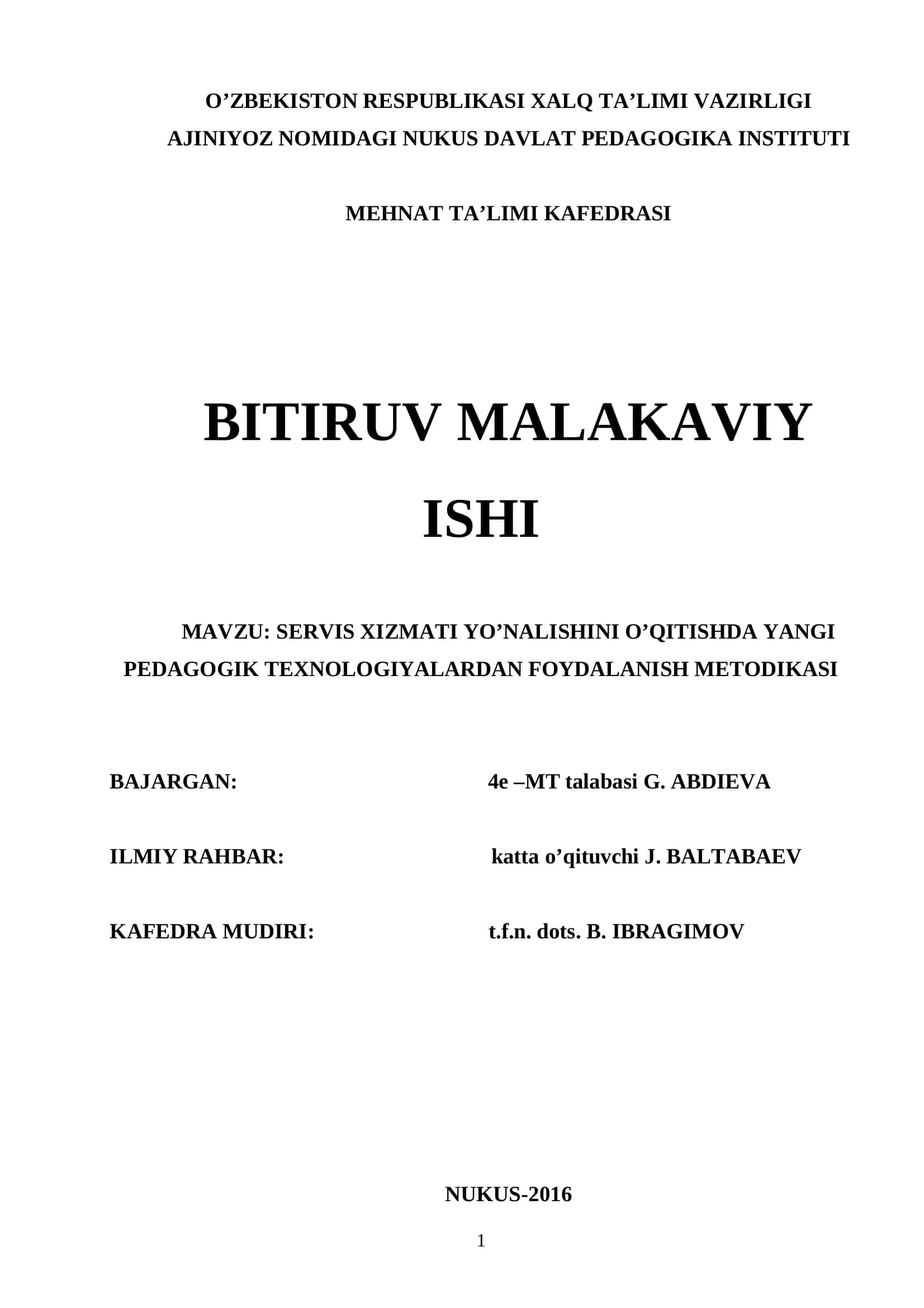 SERVIS XIZMATI YO’NALISHINI O’QITISHDA YANGI PEDAGOGIK TEXNOLOGIYALARDAN FOYDALANISH METODIKASI 1