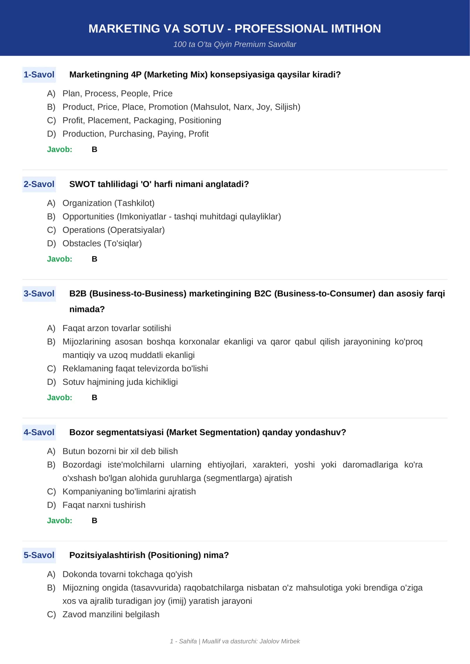 MARKETING VA SOTUV - PROFESSIONAL IMTIHON 1