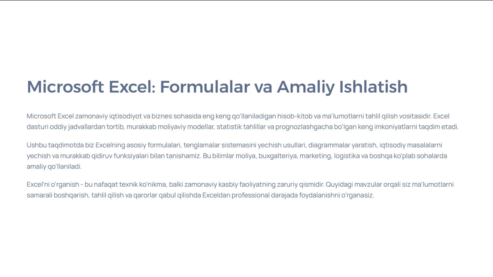 Microsoft Excel: Formulalar va Amaliy Ishlatish 1