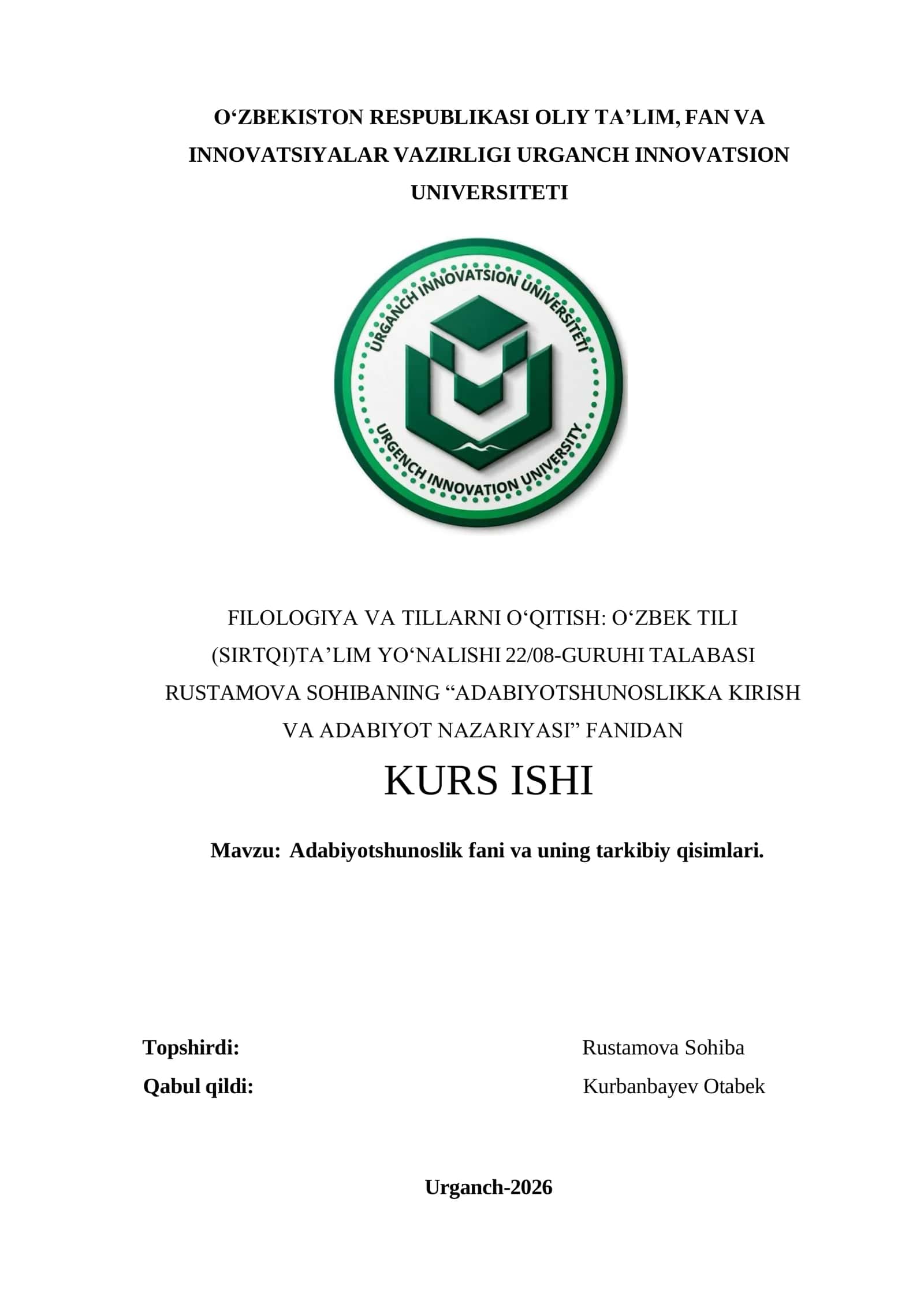 Adabiyotshunoslik fani va uning tarkibiy qisimlari 1