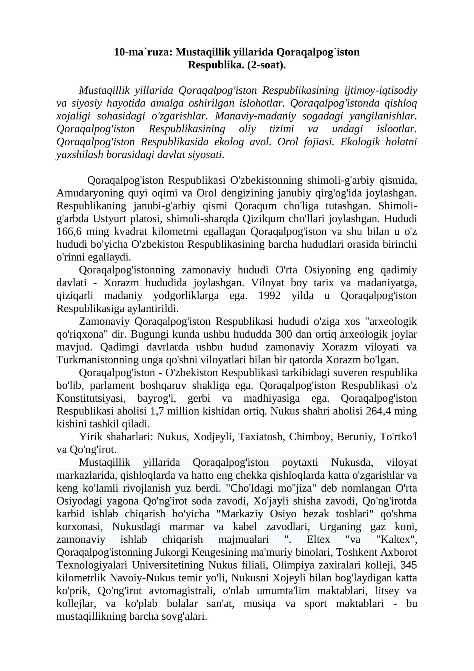 10-ma`ruza: Mustaqillik yillarida Qoraqalpog`iston Respublika 1