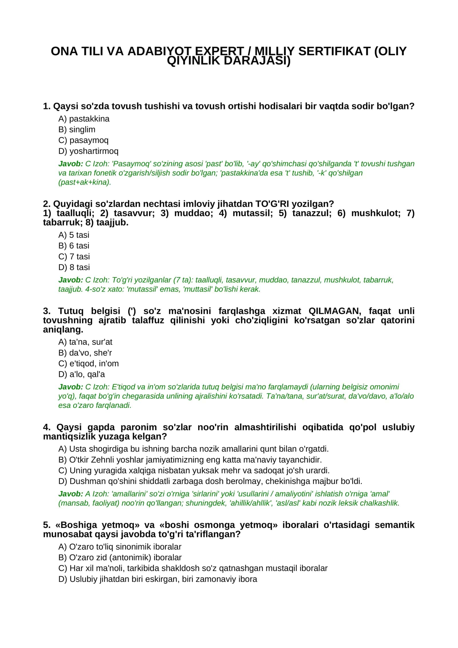ONA TILI VA ADABIYOT EXPERT / MILLIY SERTIFIKAT (OLIY QIYINLIK DARAJASI) 1