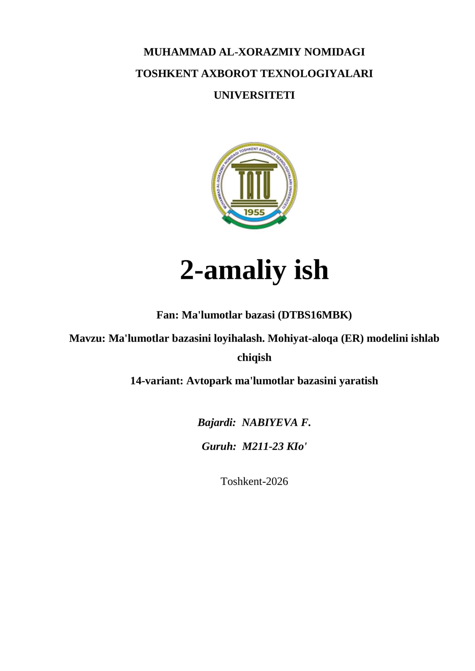 Ma'lumotlar bazasini loyihalash 1