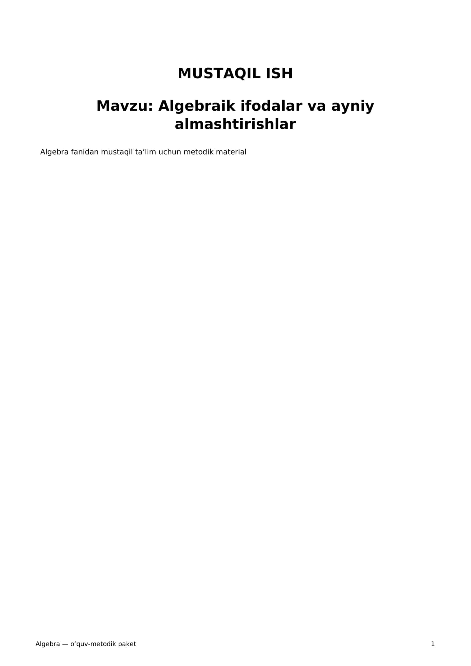 Algebra — o‘quv-metodik paket 1